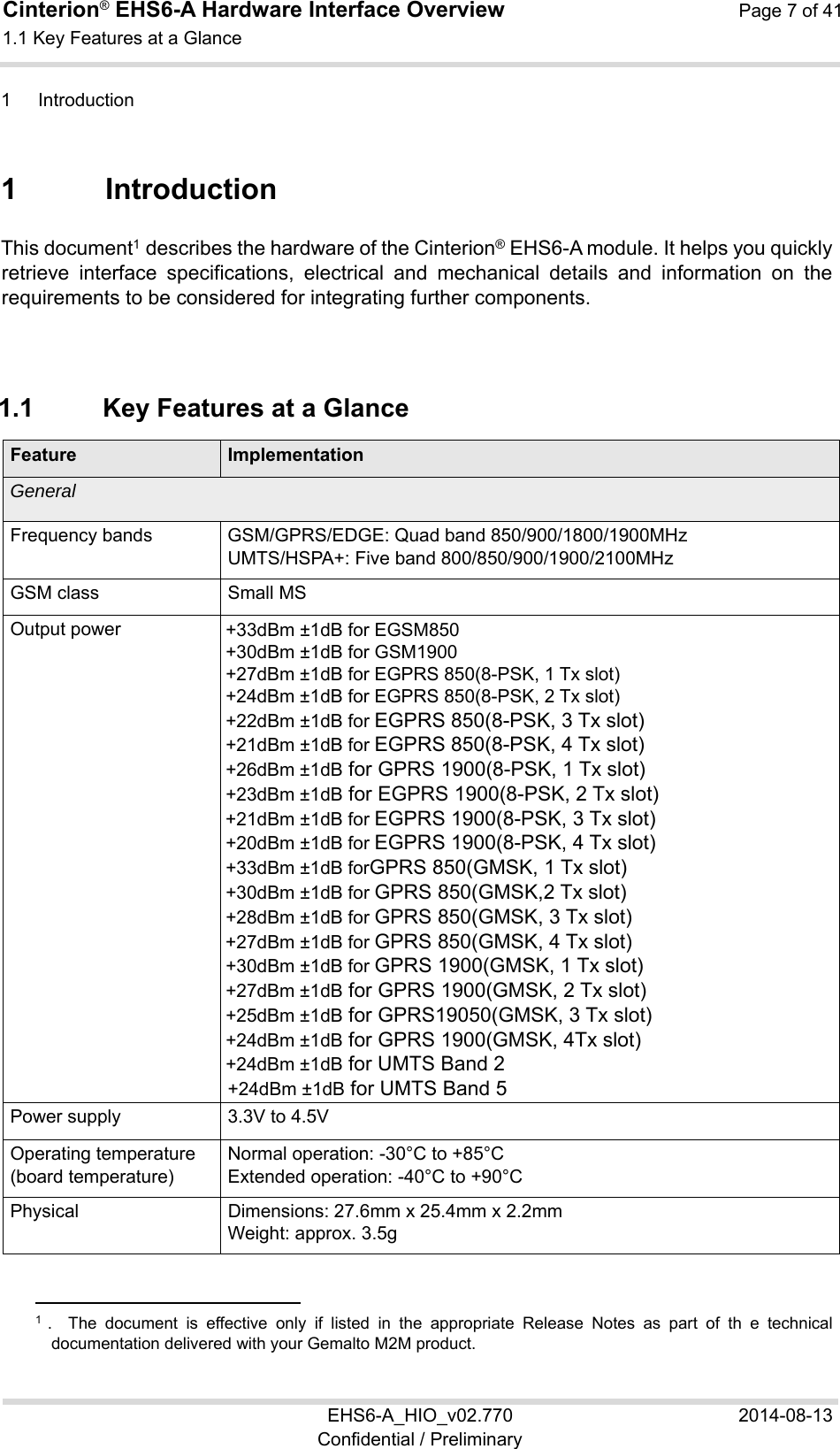 Cinterion® EHS6-A Hardware Interface Overview  Page 7 of 41 1.1 Key Features at a Glance 10 EHS6-A_HIO_v02.770  2014-08-13 Confidential / Preliminary 1  Introduction 10 1  Introduction This document1 describes the hardware of the Cinterion® EHS6-A module. It helps you quickly retrieve  interface  specifications,  electrical  and  mechanical  details  and  information  on  the requirements to be considered for integrating further components. 1.1  Key Features at a Glance Feature ImplementationGeneral  Frequency bands GSM/GPRS/EDGE: Quad band 850/900/1800/1900MHz UMTS/HSPA+: Five band 800/850/900/1900/2100MHz GSM class Small MS Output power +33dBm ±1dB for EGSM850 +30dBm ±1dB for GSM1900  +27dBm ±1dB for EGPRS 850(8-PSK, 1 Tx slot)  +24dBm ±1dB for EGPRS 850(8-PSK, 2 Tx slot)  +22dBm ±1dB for EGPRS 850(8-PSK, 3 Tx slot)  +21dBm ±1dB for EGPRS 850(8-PSK, 4 Tx slot)  +26dBm ±1dB for GPRS 1900(8-PSK, 1 Tx slot) +23dBm ±1dB for EGPRS 1900(8-PSK, 2 Tx slot)  +21dBm ±1dB for EGPRS 1900(8-PSK, 3 Tx slot)  +20dBm ±1dB for EGPRS 1900(8-PSK, 4 Tx slot)  +33dBm ±1dB forGPRS 850(GMSK, 1 Tx slot)  +30dBm ±1dB for GPRS 850(GMSK,2 Tx slot)  +28dBm ±1dB for GPRS 850(GMSK, 3 Tx slot)  +27dBm ±1dB for GPRS 850(GMSK, 4 Tx slot) +30dBm ±1dB for GPRS 1900(GMSK, 1 Tx slot) +27dBm ±1dB for GPRS 1900(GMSK, 2 Tx slot) +25dBm ±1dB for GPRS19050(GMSK, 3 Tx slot) +24dBm ±1dB for GPRS 1900(GMSK, 4Tx slot) +24dBm ±1dB for UMTS Band 2 +24dBm ±1dB for UMTS Band 5 Power supply 3.3V to 4.5VOperating temperature (board temperature) Normal operation: -30°C to +85°C Extended operation: -40°C to +90°C Physical Dimensions: 27.6mm x 25.4mm x 2.2mm Weight: approx. 3.5g                                                  1  .    The  document  is  effective  only  if  listed  in  the  appropriate  Release  Notes  as  part  of  th  e  technical documentation delivered with your Gemalto M2M product. 