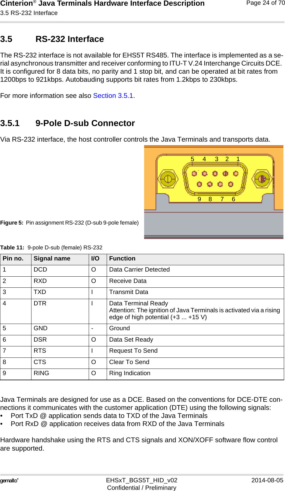 Cinterion® Java Terminals Hardware Interface Description3.5 RS-232 Interface35EHSxT_BGS5T_HID_v02 2014-08-05Confidential / PreliminaryPage 24 of 703.5 RS-232 InterfaceThe RS-232 interface is not available for EHS5T RS485. The interface is implemented as a se-rial asynchronous transmitter and receiver conforming to ITU-T V.24 Interchange Circuits DCE. It is configured for 8 data bits, no parity and 1 stop bit, and can be operated at bit rates from 1200bps to 921kbps. Autobauding supports bit rates from 1.2kbps to 230kbps.For more information see also Section 3.5.1.3.5.1 9-Pole D-sub ConnectorVia RS-232 interface, the host controller controls the Java Terminals and transports data.Figure 5:  Pin assignment RS-232 (D-sub 9-pole female)Java Terminals are designed for use as a DCE. Based on the conventions for DCE-DTE con-nections it communicates with the customer application (DTE) using the following signals:• Port TxD @ application sends data to TXD of the Java Terminals• Port RxD @ application receives data from RXD of the Java TerminalsHardware handshake using the RTS and CTS signals and XON/XOFF software flow control are supported.Table 11:  9-pole D-sub (female) RS-232Pin no. Signal name I/O Function1 DCD O Data Carrier Detected2RXD OReceive Data3 TXD I Transmit Data4 DTR I Data Terminal Ready Attention: The ignition of Java Terminals is activated via a rising edge of high potential (+3 ... +15 V) 5 GND - Ground6 DSR O Data Set Ready7 RTS I Request To Send8 CTS O Clear To Send9 RING O Ring Indication123456789