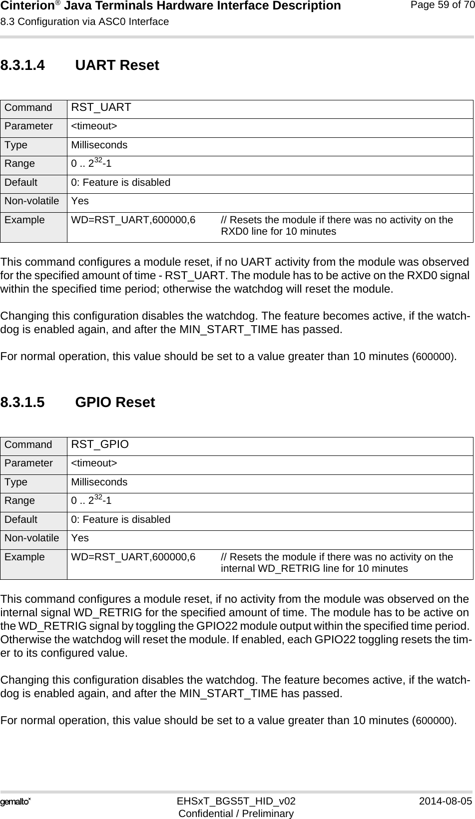 Cinterion® Java Terminals Hardware Interface Description8.3 Configuration via ASC0 Interface69EHSxT_BGS5T_HID_v02 2014-08-05Confidential / PreliminaryPage 59 of 708.3.1.4 UART ResetThis command configures a module reset, if no UART activity from the module was observed for the specified amount of time - RST_UART. The module has to be active on the RXD0 signal within the specified time period; otherwise the watchdog will reset the module.Changing this configuration disables the watchdog. The feature becomes active, if the watch-dog is enabled again, and after the MIN_START_TIME has passed.For normal operation, this value should be set to a value greater than 10 minutes (600000).8.3.1.5 GPIO ResetThis command configures a module reset, if no activity from the module was observed on the internal signal WD_RETRIG for the specified amount of time. The module has to be active on the WD_RETRIG signal by toggling the GPIO22 module output within the specified time period. Otherwise the watchdog will reset the module. If enabled, each GPIO22 toggling resets the tim-er to its configured value.Changing this configuration disables the watchdog. The feature becomes active, if the watch-dog is enabled again, and after the MIN_START_TIME has passed. For normal operation, this value should be set to a value greater than 10 minutes (600000).Command RST_UART Parameter &lt;timeout&gt;Type MillisecondsRange 0 .. 232-1Default 0: Feature is disabledNon-volatile YesExample WD=RST_UART,600000,6 // Resets the module if there was no activity on theRXD0 line for 10 minutesCommand RST_GPIO Parameter &lt;timeout&gt;Type MillisecondsRange 0 .. 232-1Default 0: Feature is disabledNon-volatile YesExample WD=RST_UART,600000,6 // Resets the module if there was no activity on theinternal WD_RETRIG line for 10 minutes