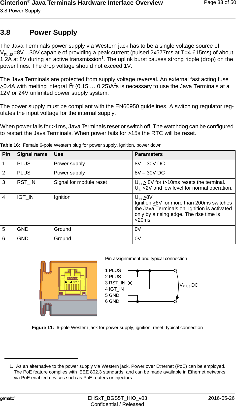 Cinterion® Java Terminals Hardware Interface Overview3.8 Power Supply39EHSxT_BGS5T_HIO_v03 2016-05-26Confidential / ReleasedPage 33 of 503.8 Power SupplyThe Java Terminals power supply via Western jack has to be a single voltage source of VPLUS=8V…30V capable of providing a peak current (pulsed 2x577ms at T=4.615ms) of about 1.2A at 8V during an active transmission1. The uplink burst causes strong ripple (drop) on the power lines. The drop voltage should not exceed 1V. The Java Terminals are protected from supply voltage reversal. An external fast acting fuse &gt;0.4A with melting integral I2t (0.15 … 0.25)A2s is necessary to use the Java Terminals at a 12V or 24V unlimited power supply system.The power supply must be compliant with the EN60950 guidelines. A switching regulator reg-ulates the input voltage for the internal supply.When power fails for &gt;1ms, Java Terminals reset or switch off. The watchdog can be configured to restart the Java Terminals. When power fails for &gt;15s the RTC will be reset.Figure 11:  6-pole Western jack for power supply, ignition, reset, typical connection1.  As an alternative to the power supply via Western jack, Power over Ethernet (PoE) can be employed.The PoE feature complies with IEEE 802.3 standards, and can be made available in Ethernet networksvia PoE enabled devices such as PoE routers or injectors.Table 16:  Female 6-pole Western plug for power supply, ignition, power downPin Signal name Use Parameters1 PLUS Power supply 8V – 30V DC2 PLUS Power supply 8V – 30V DC3 RST_IN Signal for module reset UIH &gt; 8V for t&gt;10ms resets the terminal.UIL &lt;2V and low level for normal operation.4 IGT_IN Ignition UIH &gt;8VIgnition &gt;8V for more than 200ms switches the Java Terminals on. Ignition is activated only by a rising edge. The rise time is &lt;20ms5 GND Ground 0V6 GND Ground 0VPin assignmment and typical connection:1 PLUS2 PLUS3 RST_IN4 IGT_IN5 GND6 GNDVPLUS DC6 5 4 3 2 1