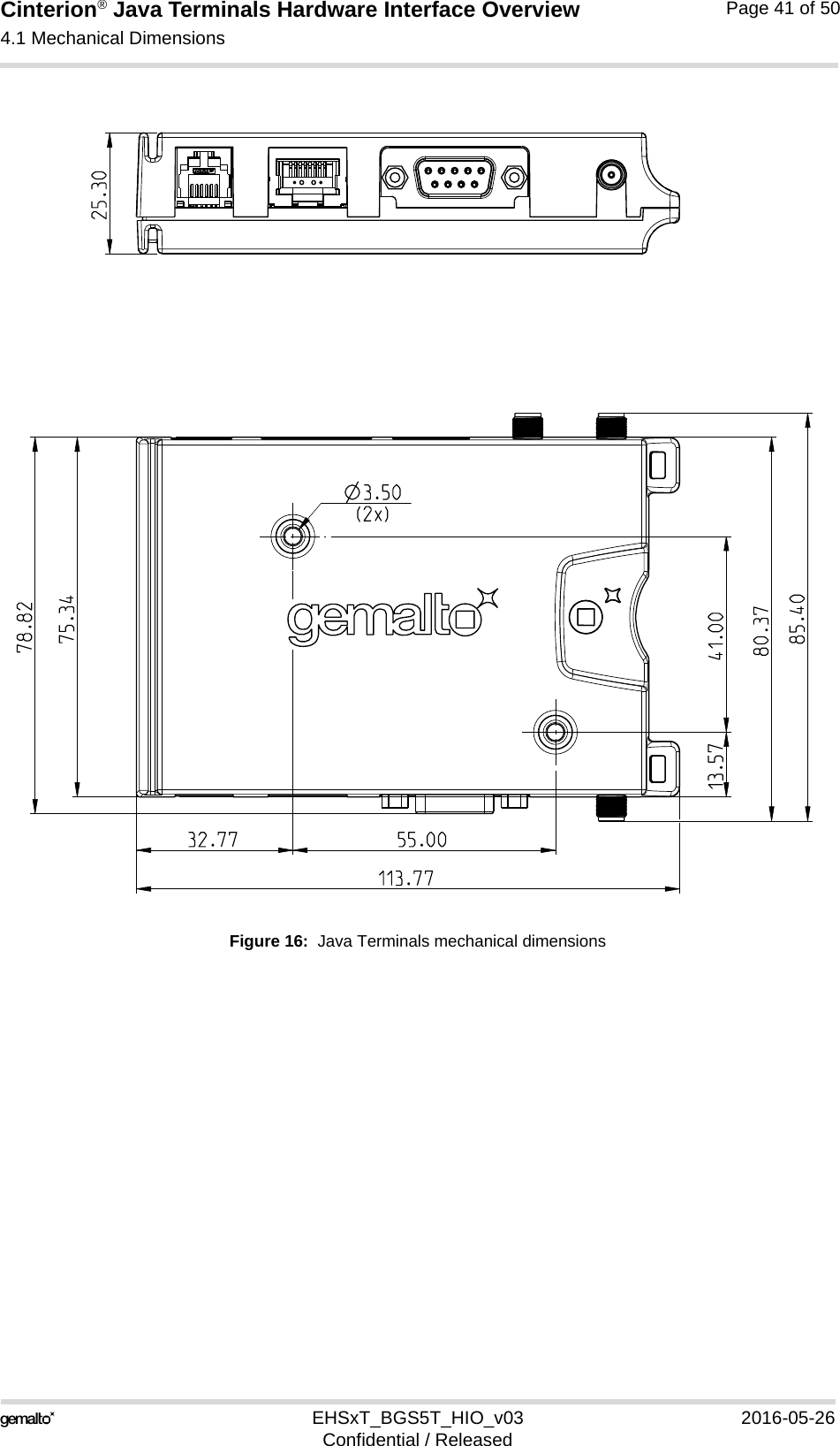 Cinterion® Java Terminals Hardware Interface Overview4.1 Mechanical Dimensions44EHSxT_BGS5T_HIO_v03 2016-05-26Confidential / ReleasedPage 41 of 50Figure 16:  Java Terminals mechanical dimensions