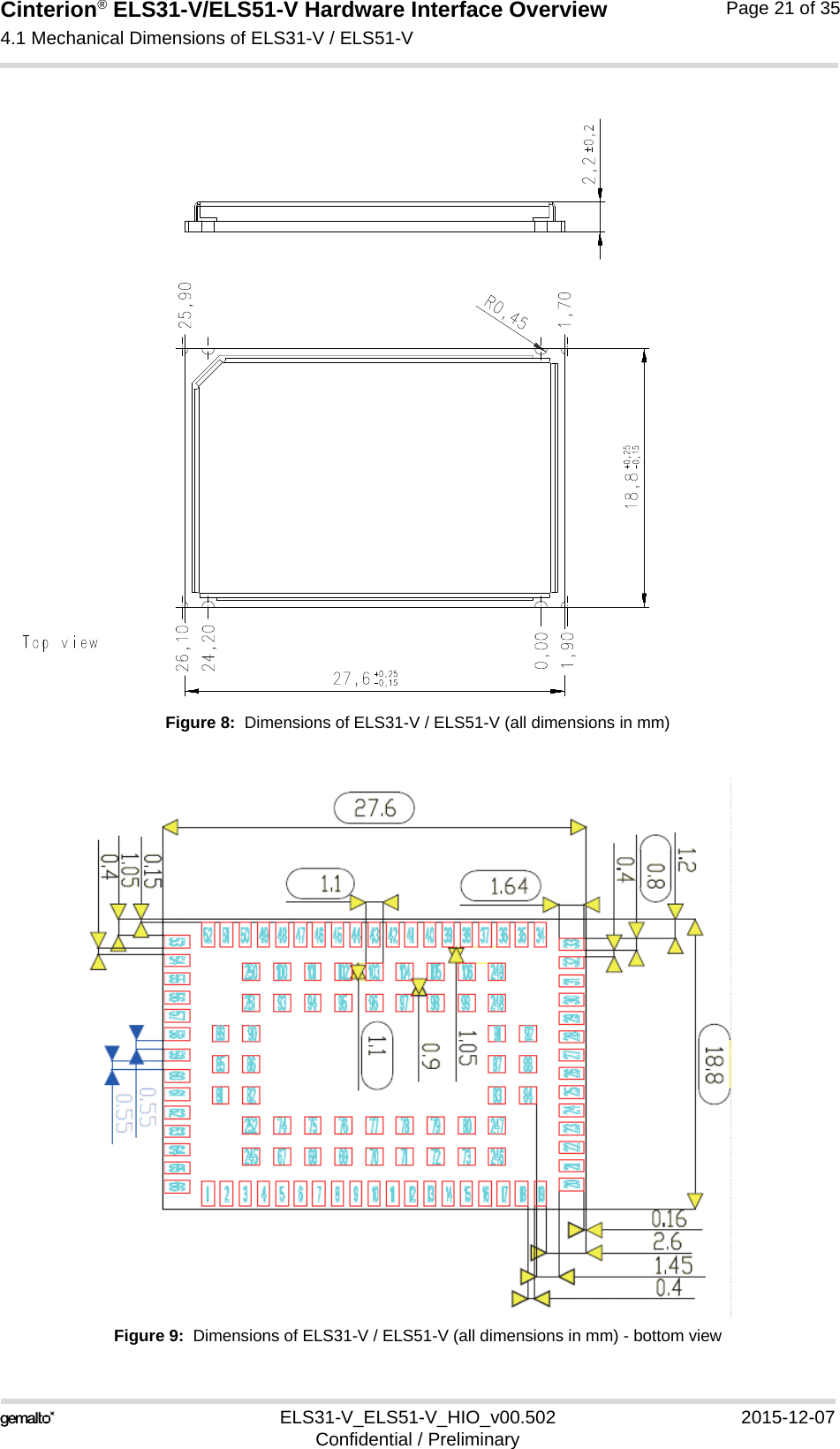 Cinterion® ELS31-V/ELS51-V Hardware Interface Overview4.1 Mechanical Dimensions of ELS31-V / ELS51-V21ELS31-V_ELS51-V_HIO_v00.502 2015-12-07Confidential / PreliminaryPage 21 of 35Figure 8:  Dimensions of ELS31-V / ELS51-V (all dimensions in mm)Figure 9:  Dimensions of ELS31-V / ELS51-V (all dimensions in mm) - bottom view