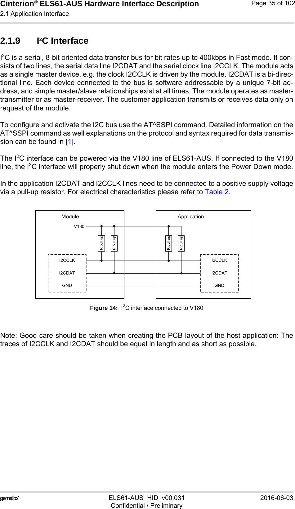 Cinterion® ELS61-AUS Hardware Interface Description2.1 Application Interface52ELS61-AUS_HID_v00.031 2016-06-03Confidential / PreliminaryPage 35 of 1022.1.9 I2C InterfaceI2C is a serial, 8-bit oriented data transfer bus for bit rates up to 400kbps in Fast mode. It con-sists of two lines, the serial data line I2CDAT and the serial clock line I2CCLK. The module actsas a single master device, e.g. the clock I2CCLK is driven by the module. I2CDAT is a bi-direc-tional line. Each device connected to the bus is software addressable by a unique 7-bit ad-dress, and simple master/slave relationships exist at all times. The module operates as master-transmitter or as master-receiver. The customer application transmits or receives data only onrequest of the module.To configure and activate the I2C bus use the AT^SSPI command. Detailed information on theAT^SSPI command as well explanations on the protocol and syntax required for data transmis-sion can be found in [1].The I2C interface can be powered via the V180 line of ELS61-AUS. If connected to the V180line, the I2C interface will properly shut down when the module enters the Power Down mode.In the application I2CDAT and I2CCLK lines need to be connected to a positive supply voltagevia a pull-up resistor. For electrical characteristics please refer to Table 2.Figure 14:  I2C interface connected to V180Note: Good care should be taken when creating the PCB layout of the host application: Thetraces of I2CCLK and I2CDAT should be equal in length and as short as possible.I2CCLKI2CDATGNDI2CCLKI2CDATGNDModule ApplicationV180R pull upR pull upR pull upR pull up