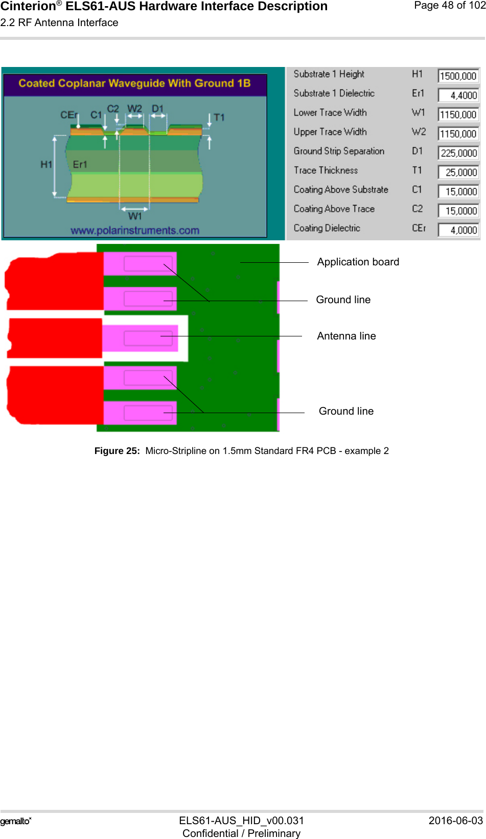 Cinterion® ELS61-AUS Hardware Interface Description2.2 RF Antenna Interface52ELS61-AUS_HID_v00.031 2016-06-03Confidential / PreliminaryPage 48 of 102Figure 25:  Micro-Stripline on 1.5mm Standard FR4 PCB - example 2Antenna lineGround lineGround lineApplication board