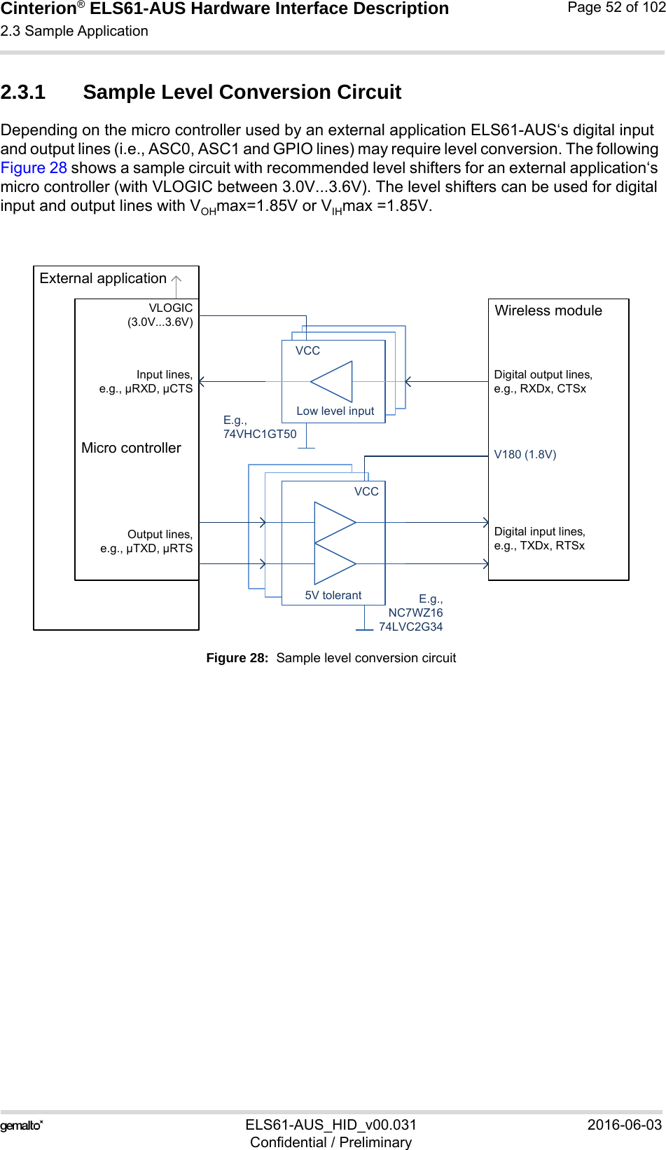 Cinterion® ELS61-AUS Hardware Interface Description2.3 Sample Application52ELS61-AUS_HID_v00.031 2016-06-03Confidential / PreliminaryPage 52 of 1022.3.1 Sample Level Conversion CircuitDepending on the micro controller used by an external application ELS61-AUS‘s digital input and output lines (i.e., ASC0, ASC1 and GPIO lines) may require level conversion. The following Figure 28 shows a sample circuit with recommended level shifters for an external application‘s micro controller (with VLOGIC between 3.0V...3.6V). The level shifters can be used for digital input and output lines with VOHmax=1.85V or VIHmax =1.85V.Figure 28:  Sample level conversion circuit5V tolerarant5V tolerarantLow level inputLow level inputLow level inputVCC5V tolerantVCCE.g.,74VHC1GT50E.g.,NC7WZ1674LVC2G34External applicationMicro controllerVLOGIC(3.0V...3.6V)Input lines,e.g., µRXD, µCTSOutput lines,e.g., µTXD, µRTSV180 (1.8V)Digital output lines,e.g., RXDx, CTSxWireless moduleDigital input lines,e.g., TXDx, RTSx