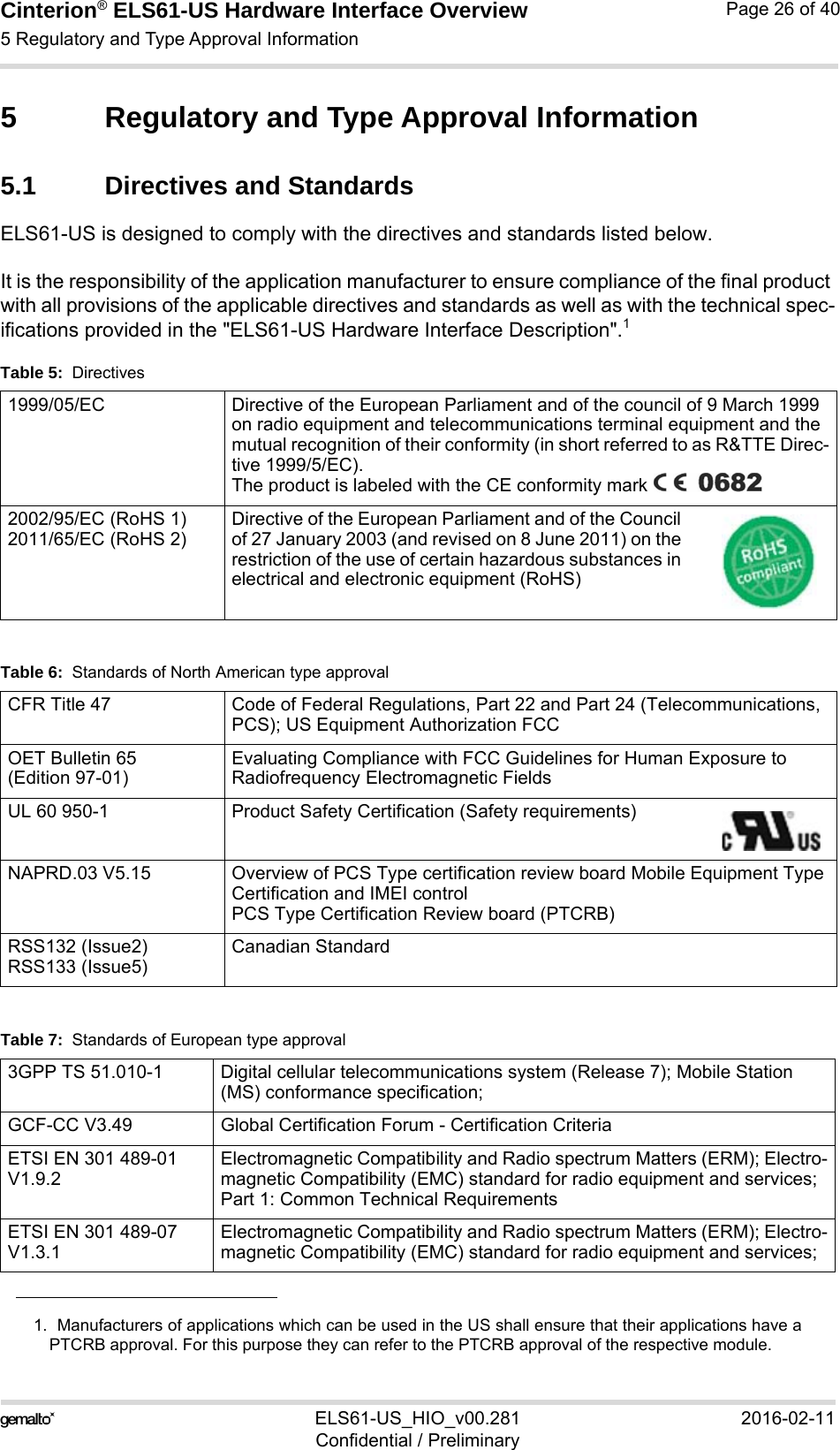 Cinterion® ELS61-US Hardware Interface Overview5 Regulatory and Type Approval Information32ELS61-US_HIO_v00.281 2016-02-11Confidential / PreliminaryPage 26 of 405 Regulatory and Type Approval Information5.1 Directives and StandardsELS61-US is designed to comply with the directives and standards listed below.It is the responsibility of the application manufacturer to ensure compliance of the final product with all provisions of the applicable directives and standards as well as with the technical spec-ifications provided in the &quot;ELS61-US Hardware Interface Description&quot;.11.  Manufacturers of applications which can be used in the US shall ensure that their applications have aPTCRB approval. For this purpose they can refer to the PTCRB approval of the respective module. Table 5:  Directives1999/05/EC Directive of the European Parliament and of the council of 9 March 1999 on radio equipment and telecommunications terminal equipment and the mutual recognition of their conformity (in short referred to as R&amp;TTE Direc-tive 1999/5/EC).The product is labeled with the CE conformity mark 2002/95/EC (RoHS 1)2011/65/EC (RoHS 2)Directive of the European Parliament and of the Council of 27 January 2003 (and revised on 8 June 2011) on the restriction of the use of certain hazardous substances in electrical and electronic equipment (RoHS)Table 6:  Standards of North American type approvalCFR Title 47 Code of Federal Regulations, Part 22 and Part 24 (Telecommunications, PCS); US Equipment Authorization FCCOET Bulletin 65 (Edition 97-01) Evaluating Compliance with FCC Guidelines for Human Exposure to Radiofrequency Electromagnetic FieldsUL 60 950-1 Product Safety Certification (Safety requirements)NAPRD.03 V5.15 Overview of PCS Type certification review board Mobile Equipment Type Certification and IMEI controlPCS Type Certification Review board (PTCRB)RSS132 (Issue2)RSS133 (Issue5)Canadian StandardTable 7:  Standards of European type approval3GPP TS 51.010-1 Digital cellular telecommunications system (Release 7); Mobile Station (MS) conformance specification;GCF-CC V3.49 Global Certification Forum - Certification CriteriaETSI EN 301 489-01 V1.9.2Electromagnetic Compatibility and Radio spectrum Matters (ERM); Electro-magnetic Compatibility (EMC) standard for radio equipment and services; Part 1: Common Technical RequirementsETSI EN 301 489-07 V1.3.1Electromagnetic Compatibility and Radio spectrum Matters (ERM); Electro-magnetic Compatibility (EMC) standard for radio equipment and services; 
