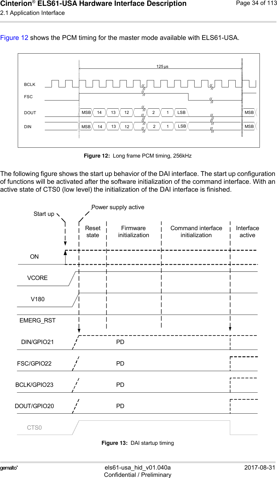 Cinterion® ELS61-USA Hardware Interface Description2.1 Application Interface59els61-usa_hid_v01.040a 2017-08-31Confidential / PreliminaryPage 34 of 113Figure 12 shows the PCM timing for the master mode available with ELS61-USA.Figure 12:  Long frame PCM timing, 256kHzThe following figure shows the start up behavior of the DAI interface. The start up configurationof functions will be activated after the software initialization of the command interface. With anactive state of CTS0 (low level) the initialization of the DAI interface is finished.Figure 13:  DAI startup timingBCLKDOUTDINFSCMSBMSBLSBLSB14 1314 1311121222MSBMSB125 µsDIN/GPIO21FSC/GPIO22BCLK/GPIO23DOUT/GPIO20PDPDPDPDCTS0ONEMERG_RSTPower supply activeStart upFirmware initializationCommand interface initializationInterface activeResetstateV180VCORE