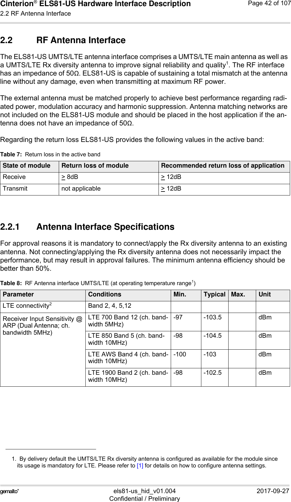 Cinterion® ELS81-US Hardware Interface Description2.2 RF Antenna Interface53els81-us_hid_v01.004 2017-09-27Confidential / PreliminaryPage 42 of 1072.2 RF Antenna InterfaceThe ELS81-US UMTS/LTE antenna interface comprises a UMTS/LTE main antenna as well as a UMTS/LTE Rx diversity antenna to improve signal reliability and quality1. The RF interface has an impedance of 50. ELS81-US is capable of sustaining a total mismatch at the antenna line without any damage, even when transmitting at maximum RF power.The external antenna must be matched properly to achieve best performance regarding radi-ated power, modulation accuracy and harmonic suppression. Antenna matching networks are not included on the ELS81-US module and should be placed in the host application if the an-tenna does not have an impedance of 50.Regarding the return loss ELS81-US provides the following values in the active band:2.2.1 Antenna Interface SpecificationsFor approval reasons it is mandatory to connect/apply the Rx diversity antenna to an existing antenna. Not connecting/applying the Rx diversity antenna does not necessarily impact the performance, but may result in approval failures. The minimum antenna efficiency should be better than 50%. 1.  By delivery default the UMTS/LTE Rx diversity antenna is configured as available for the module sinceits usage is mandatory for LTE. Please refer to [1] for details on how to configure antenna settings.Table 7:  Return loss in the active bandState of module Return loss of module Recommended return loss of applicationReceive &gt; 8dB &gt; 12dBTransmit not applicable  &gt; 12dBTable 8:  RF Antenna interface UMTS/LTE (at operating temperature range1)Parameter Conditions Min. Typical Max. UnitLTE connectivity2Band 2, 4, 5,12Receiver Input Sensitivity @ARP (Dual Antenna; ch. bandwidth 5MHz)LTE 700 Band 12 (ch. band-width 5MHz)-97 -103.5 dBmLTE 850 Band 5 (ch. band-width 10MHz)-98 -104.5 dBmLTE AWS Band 4 (ch. band-width 10MHz)-100 -103 dBmLTE 1900 Band 2 (ch. band-width 10MHz) -98 -102.5 dBm