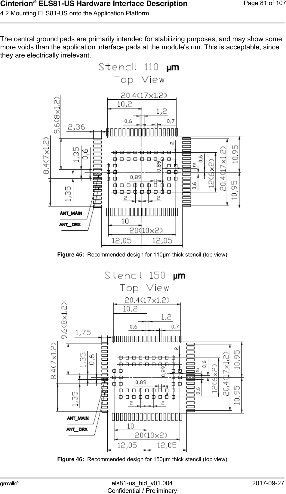Cinterion® ELS81-US Hardware Interface Description4.2 Mounting ELS81-US onto the Application Platform92els81-us_hid_v01.004 2017-09-27Confidential / PreliminaryPage 81 of 107The central ground pads are primarily intended for stabilizing purposes, and may show some more voids than the application interface pads at the module&apos;s rim. This is acceptable, since they are electrically irrelevant.Figure 45:  Recommended design for 110µm thick stencil (top view)Figure 46:  Recommended design for 150µm thick stencil (top view)