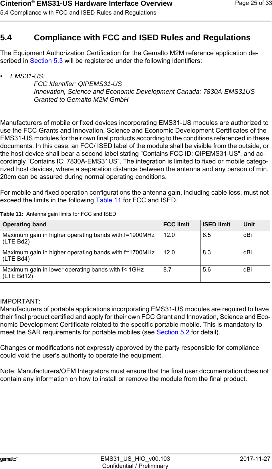 Cinterion® EMS31-US Hardware Interface Overview5.4 Compliance with FCC and ISED Rules and Regulations26EMS31_US_HIO_v00.103 2017-11-27Confidential / PreliminaryPage 25 of 335.4 Compliance with FCC and ISED Rules and RegulationsThe Equipment Authorization Certification for the Gemalto M2M reference application de-scribed in Section 5.3 will be registered under the following identifiers:• EMS31-US:FCC Identifier: QIPEMS31-US Innovation, Science and Economic Development Canada: 7830A-EMS31USGranted to Gemalto M2M GmbH Manufacturers of mobile or fixed devices incorporating EMS31-US modules are authorized to use the FCC Grants and Innovation, Science and Economic Development Certificates of the EMS31-US modules for their own final products according to the conditions referenced in these documents. In this case, an FCC/ ISED label of the module shall be visible from the outside, or the host device shall bear a second label stating &quot;Contains FCC ID: QIPEMS31-US&quot;, and ac-cordingly “Contains IC: 7830A-EMS31US“. The integration is limited to fixed or mobile catego-rized host devices, where a separation distance between the antenna and any person of min. 20cm can be assured during normal operating conditions.For mobile and fixed operation configurations the antenna gain, including cable loss, must not exceed the limits in the following Table 11 for FCC and ISED.IMPORTANT: Manufacturers of portable applications incorporating EMS31-US modules are required to have their final product certified and apply for their own FCC Grant and Innovation, Science and Eco-nomic Development Certificate related to the specific portable mobile. This is mandatory to meet the SAR requirements for portable mobiles (see Section 5.2 for detail).Changes or modifications not expressly approved by the party responsible for compliance could void the user&apos;s authority to operate the equipment.Note: Manufacturers/OEM Integrators must ensure that the final user documentation does not contain any information on how to install or remove the module from the final product.Table 11:  Antenna gain limits for FCC and ISEDOperating band FCC limit ISED limit UnitMaximum gain in higher operating bands with f=1900MHz(LTE Bd2)12.0 8.5 dBiMaximum gain in higher operating bands with f=1700MHz(LTE Bd4)12.0 8.3 dBiMaximum gain in lower operating bands with f&lt; 1GHz(LTE Bd12)8.7 5.6 dBi