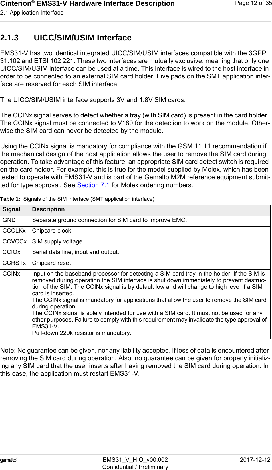 Cinterion® EMS31-V Hardware Interface Description2.1 Application Interface18EMS31_V_HIO_v00.002 2017-12-12Confidential / PreliminaryPage 12 of 352.1.3 UICC/SIM/USIM InterfaceEMS31-V has two identical integrated UICC/SIM/USIM interfaces compatible with the 3GPP 31.102 and ETSI 102 221. These two interfaces are mutually exclusive, meaning that only one UICC/SIM/USIM interface can be used at a time. This interface is wired to the host interface in order to be connected to an external SIM card holder. Five pads on the SMT application inter-face are reserved for each SIM interface.The UICC/SIM/USIM interface supports 3V and 1.8V SIM cards. The CCINx signal serves to detect whether a tray (with SIM card) is present in the card holder. The CCINx signal must be connected to V180 for the detection to work on the module. Other-wise the SIM card can never be detected by the module.Using the CCINx signal is mandatory for compliance with the GSM 11.11 recommendation if the mechanical design of the host application allows the user to remove the SIM card during operation. To take advantage of this feature, an appropriate SIM card detect switch is required on the card holder. For example, this is true for the model supplied by Molex, which has been tested to operate with EMS31-V and is part of the Gemalto M2M reference equipment submit-ted for type approval. See Section 7.1 for Molex ordering numbers.Note: No guarantee can be given, nor any liability accepted, if loss of data is encountered after removing the SIM card during operation. Also, no guarantee can be given for properly initializ-ing any SIM card that the user inserts after having removed the SIM card during operation. In this case, the application must restart EMS31-V.Table 1:  Signals of the SIM interface (SMT application interface)Signal DescriptionGND Separate ground connection for SIM card to improve EMC.CCCLKx Chipcard clockCCVCCx SIM supply voltage.CCIOx Serial data line, input and output.CCRSTx Chipcard resetCCINx Input on the baseband processor for detecting a SIM card tray in the holder. If the SIM is removed during operation the SIM interface is shut down immediately to prevent destruc-tion of the SIM. The CCINx signal is by default low and will change to high level if a SIM card is inserted.The CCINx signal is mandatory for applications that allow the user to remove the SIM card during operation. The CCINx signal is solely intended for use with a SIM card. It must not be used for any other purposes. Failure to comply with this requirement may invalidate the type approval of EMS31-V.Pull-down 220k resistor is mandatory.