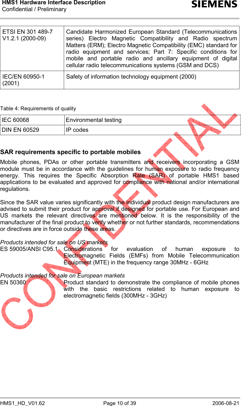 HMS1 Hardware Interface Description Confidential / Preliminary  s HMS1_HD_V01.62  Page 10 of 39  2006-08-21 ETSI EN 301 489-7 V1.2.1 (2000-09) Candidate Harmonized European Standard (Telecommunications series) Electro Magnetic Compatibility and Radio spectrum Matters (ERM); Electro Magnetic Compatibility (EMC) standard for radio equipment and services; Part 7: Specific conditions for mobile and portable radio and ancillary equipment of digital cellular radio telecommunications systems (GSM and DCS) IEC/EN 60950-1 (2001) Safety of information technology equipment (2000)   Table 4: Requirements of quality IEC 60068  Environmental testing DIN EN 60529  IP codes   SAR requirements specific to portable mobiles Mobile phones, PDAs or other portable transmitters and receivers incorporating a GSM module must be in accordance with the guidelines for human exposure to radio frequency energy. This requires the Specific Absorption Rate (SAR) of portable HMS1 based applications to be evaluated and approved for compliance with national and/or international regulations.   Since the SAR value varies significantly with the individual product design manufacturers are advised to submit their product for approval if designed for portable use. For European and US markets the relevant directives are mentioned below. It is the responsibility of the manufacturer of the final product to verify whether or not further standards, recommendations or directives are in force outside these areas.   Products intended for sale on US markets ES 59005/ANSI C95.1 Considerations for evaluation of human exposure to Electromagnetic Fields (EMFs) from Mobile Telecommunication Equipment (MTE) in the frequency range 30MHz - 6GHz   Products intended for sale on European markets EN 50360  Product standard to demonstrate the compliance of mobile phones with the basic restrictions related to human exposure to electromagnetic fields (300MHz - 3GHz)  