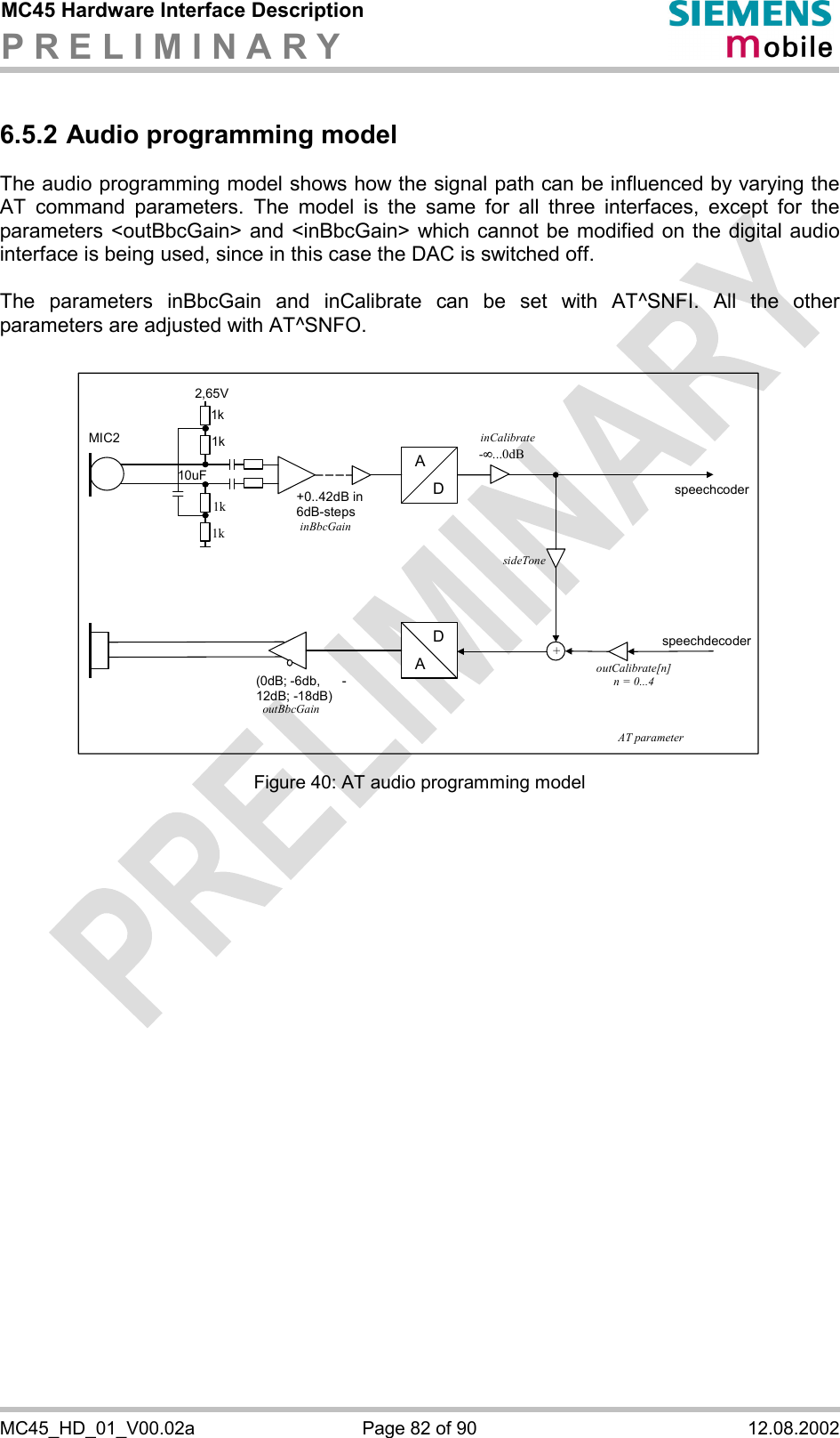 MC45 Hardware Interface Description P R E L I M I N A R Y      MC45_HD_01_V00.02a  Page 82 of 90  12.08.2002 6.5.2 Audio programming model The audio programming model shows how the signal path can be influenced by varying the AT command parameters. The model is the same for all three interfaces, except for the parameters &lt;outBbcGain&gt; and &lt;inBbcGain&gt; which cannot be modified on the digital audio interface is being used, since in this case the DAC is switched off.  The parameters inBbcGain and inCalibrate can be set with AT^SNFI. All the other parameters are adjusted with AT^SNFO.   ADAD-¥...0dB speechcoder (0dB; -6db,      -12dB; -18dB) +0..42dB in 6dB-steps1k 1k 1k 1k 2,65V 10uF+ sideTone AT parameter outCalibrate[n] n = 0...4 inCalibrate inBbcGain outBbcGain speechdecoder MIC2  Figure 40: AT audio programming model 