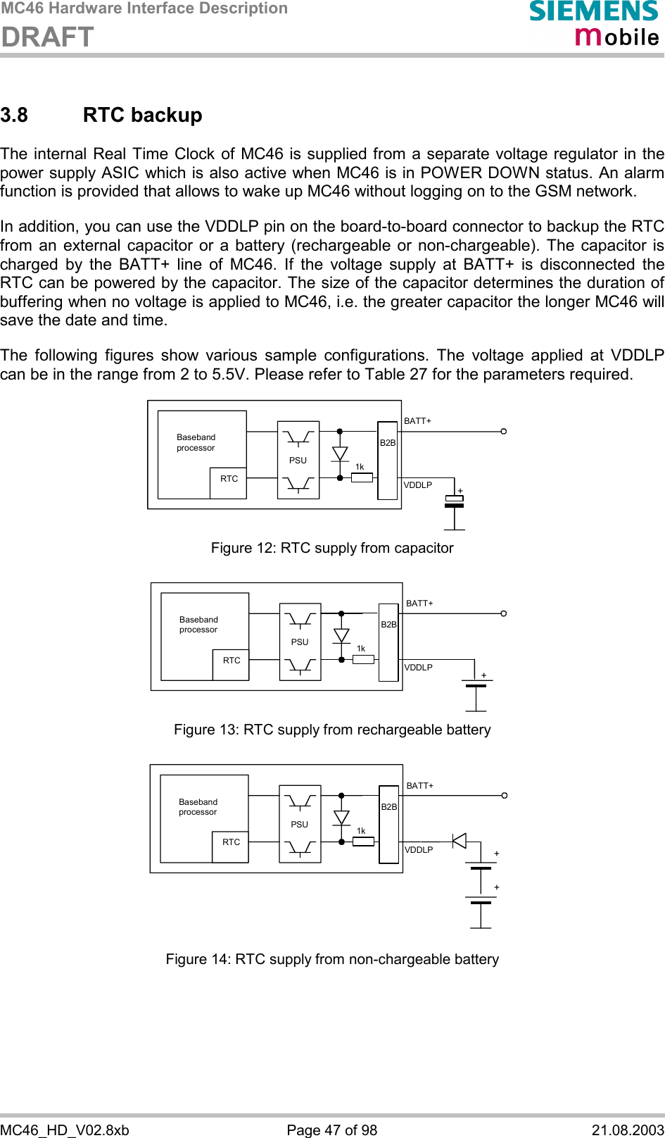 MC46 Hardware Interface Description DRAFT      MC46_HD_V02.8xb  Page 47 of 98  21.08.2003 3.8 RTC backup The internal Real Time Clock of MC46 is supplied from a separate voltage regulator in the power supply ASIC which is also active when MC46 is in POWER DOWN status. An alarm function is provided that allows to wake up MC46 without logging on to the GSM network.   In addition, you can use the VDDLP pin on the board-to-board connector to backup the RTC from an external capacitor or a battery (rechargeable or non-chargeable). The capacitor is charged by the BATT+ line of MC46. If the voltage supply at BATT+ is disconnected the RTC can be powered by the capacitor. The size of the capacitor determines the duration of buffering when no voltage is applied to MC46, i.e. the greater capacitor the longer MC46 will save the date and time.   The following figures show various sample configurations. The voltage applied at VDDLP can be in the range from 2 to 5.5V. Please refer to Table 27 for the parameters required.    Baseband processor RTC PSU+BATT+ 1kB2BVDDLP Figure 12: RTC supply from capacitor   RTC PSU+BATT+ 1kB2BVDDLPBaseband processor  Figure 13: RTC supply from rechargeable battery   RTC PSU++BATT+ 1kVDDLPB2BBaseband processor  Figure 14: RTC supply from non-chargeable battery 