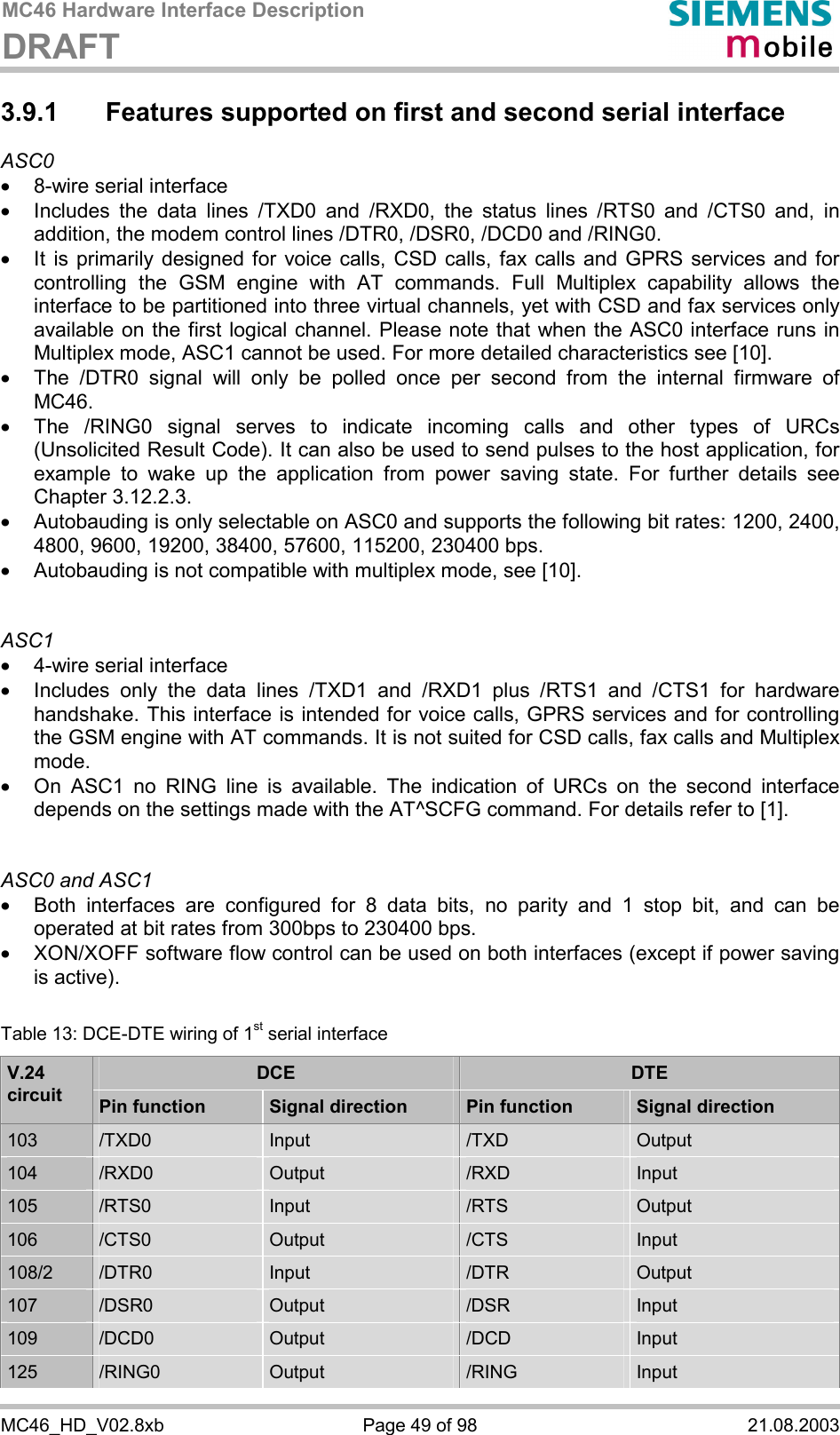 MC46 Hardware Interface Description DRAFT      MC46_HD_V02.8xb  Page 49 of 98  21.08.2003 3.9.1  Features supported on first and second serial interface ASC0 ·  8-wire serial interface ·  Includes the data lines /TXD0 and /RXD0, the status lines /RTS0 and /CTS0 and, in addition, the modem control lines /DTR0, /DSR0, /DCD0 and /RING0.  ·  It is primarily designed for voice calls, CSD calls, fax calls and GPRS services and for controlling the GSM engine with AT commands. Full Multiplex capability allows the interface to be partitioned into three virtual channels, yet with CSD and fax services only available on the first logical channel. Please note that when the ASC0 interface runs in Multiplex mode, ASC1 cannot be used. For more detailed characteristics see [10]. ·  The /DTR0 signal will only be polled once per second from the internal firmware of MC46.  ·  The /RING0 signal serves to indicate incoming calls and other types of URCs (Unsolicited Result Code). It can also be used to send pulses to the host application, for example to wake up the application from power saving state. For further details see Chapter 3.12.2.3. ·  Autobauding is only selectable on ASC0 and supports the following bit rates: 1200, 2400, 4800, 9600, 19200, 38400, 57600, 115200, 230400 bps.  ·  Autobauding is not compatible with multiplex mode, see [10].   ASC1 ·  4-wire serial interface ·  Includes only the data lines /TXD1 and /RXD1 plus /RTS1 and /CTS1 for hardware handshake. This interface is intended for voice calls, GPRS services and for controlling the GSM engine with AT commands. It is not suited for CSD calls, fax calls and Multiplex mode.  ·  On ASC1 no RING line is available. The indication of URCs on the second interface depends on the settings made with the AT^SCFG command. For details refer to [1].   ASC0 and ASC1 ·  Both interfaces are configured for 8 data bits, no parity and 1 stop bit, and can be operated at bit rates from 300bps to 230400 bps.  ·  XON/XOFF software flow control can be used on both interfaces (except if power saving is active).  Table 13: DCE-DTE wiring of 1st serial interface DCE  DTE V.24 circuit  Pin function  Signal direction  Pin function  Signal direction 103  /TXD0  Input  /TXD  Output 104  /RXD0  Output  /RXD  Input 105  /RTS0  Input  /RTS  Output 106  /CTS0  Output  /CTS  Input 108/2  /DTR0  Input  /DTR  Output 107  /DSR0  Output  /DSR  Input 109  /DCD0  Output  /DCD  Input 125  /RING0  Output  /RING  Input 