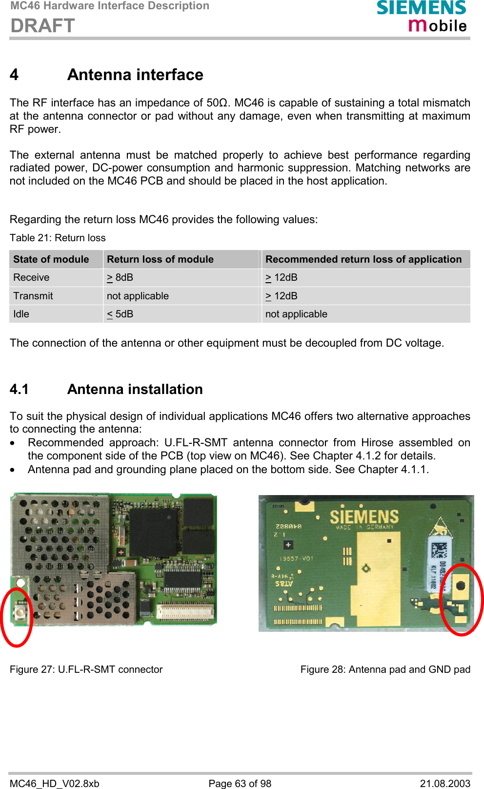 MC46 Hardware Interface Description DRAFT      MC46_HD_V02.8xb  Page 63 of 98  21.08.2003 4 Antenna interface The RF interface has an impedance of 50&quot;. MC46 is capable of sustaining a total mismatch at the antenna connector or pad without any damage, even when transmitting at maximum RF power.   The external antenna must be matched properly to achieve best performance regarding radiated power, DC-power consumption and harmonic suppression. Matching networks are not included on the MC46 PCB and should be placed in the host application.    Regarding the return loss MC46 provides the following values: Table 21: Return loss State of module  Return loss of module  Recommended return loss of application Receive  &gt; 8dB  &gt; 12dB  Transmit   not applicable   &gt; 12dB  Idle  &lt; 5dB   not applicable  The connection of the antenna or other equipment must be decoupled from DC voltage.  4.1 Antenna installation To suit the physical design of individual applications MC46 offers two alternative approaches to connecting the antenna:  ·  Recommended approach: U.FL-R-SMT antenna connector from Hirose assembled on the component side of the PCB (top view on MC46). See Chapter 4.1.2 for details. ·  Antenna pad and grounding plane placed on the bottom side. See Chapter 4.1.1.    Figure 27: U.FL-R-SMT connector  Figure 28: Antenna pad and GND pad  