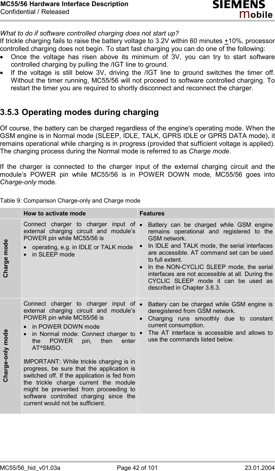 MC55/56 Hardware Interface Description Confidential / Released s mo b i l e MC55/56_hid_v01.03a  Page 42 of 101  23.01.2004 What to do if software controlled charging does not start up? If trickle charging fails to raise the battery voltage to 3.2V within 60 minutes +10%, processor controlled charging does not begin. To start fast charging you can do one of the following:  ·  Once the voltage has risen above its minimum of 3V, you can try to start software controlled charging by pulling the /IGT line to ground.  ·  If the voltage is still below 3V, driving the /IGT line to ground switches the timer off. Without the timer running, MC55/56 will not proceed to software controlled charging. To restart the timer you are required to shortly disconnect and reconnect the charger.  3.5.3 Operating modes during charging Of course, the battery can be charged regardless of the engine&apos;s operating mode. When the GSM engine is in Normal mode (SLEEP, IDLE, TALK, GPRS IDLE or GPRS DATA mode), it remains operational while charging is in progress (provided that sufficient voltage is applied). The charging process during the Normal mode is referred to as Charge mode.   If the charger is connected to the charger input of the external charging circuit and the module’s POWER pin while MC55/56 is in POWER DOWN mode, MC55/56 goes into Charge-only mode.   Table 9: Comparison Charge-only and Charge mode  How to activate mode  Features Charge mode Connect charger to charger input of external charging circuit and module’s POWER pin while MC55/56 is ·  operating, e.g. in IDLE or TALK mode ·  in SLEEP mode ·  Battery can be charged while GSM engine remains operational and registered to the GSM network. ·  In IDLE and TALK mode, the serial interfaces are accessible. AT command set can be used to full extent. ·  In the NON-CYCLIC SLEEP mode, the serial interfaces are not accessible at all. During the CYCLIC SLEEP mode it can be used as described in Chapter 3.6.3.  Charge-only mode Connect charger to charger input of external charging circuit and module’s POWER pin while MC55/56 is ·  in POWER DOWN mode ·  in Normal mode: Connect charger to the POWER pin, then enter AT^SMSO.  IMPORTANT: While trickle charging is in progress, be sure that the application is switched off. If the application is fed from the trickle charge current the module might be prevented from proceeding to software controlled charging since the current would not be sufficient.   ·  Battery can be charged while GSM engine is deregistered from GSM network. ·  Charging runs smoothly due to constant current consumption. ·  The AT interface is accessible and allows to use the commands listed below.     