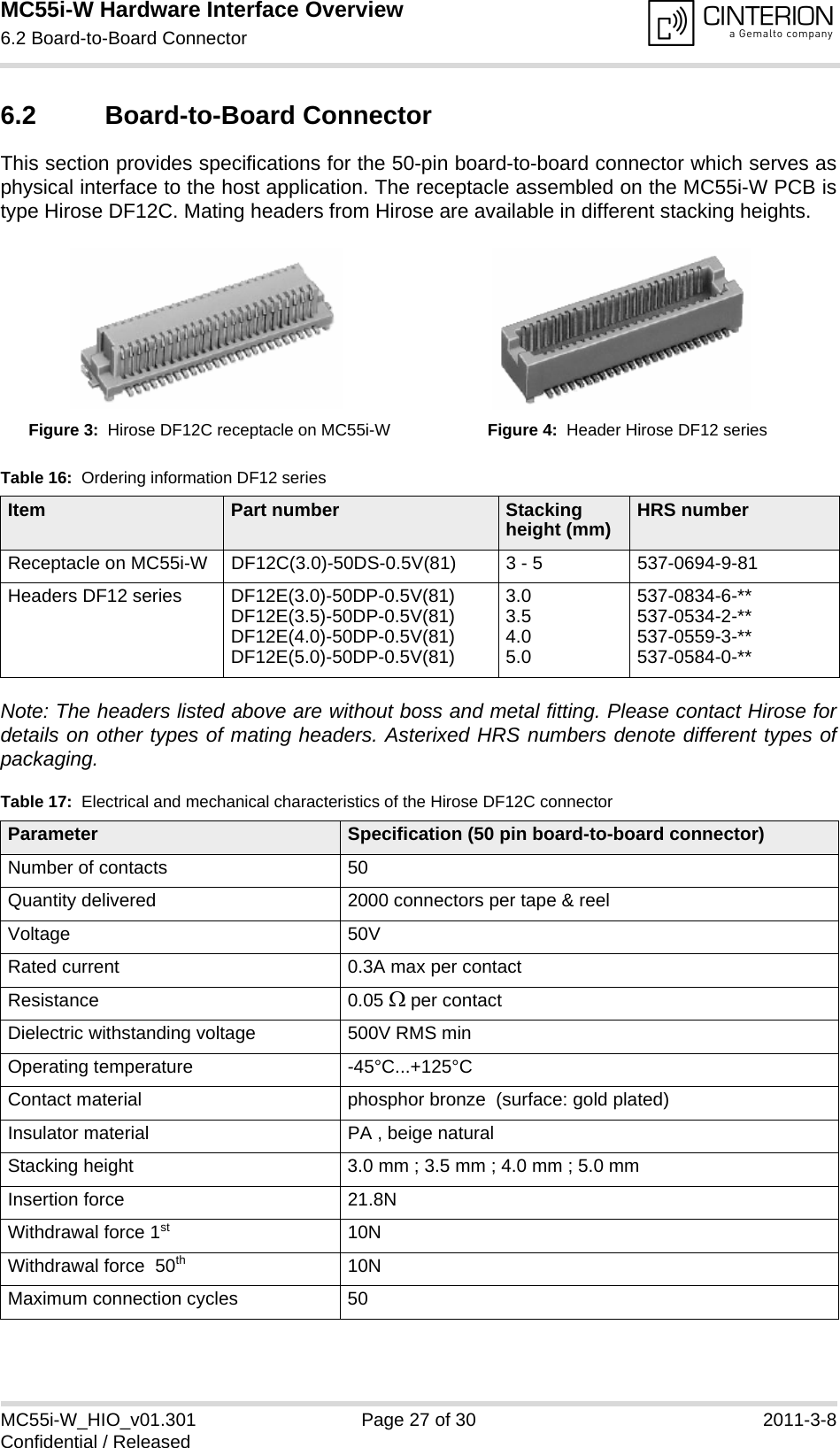 MC55i-W Hardware Interface Overview6.2 Board-to-Board Connector28MC55i-W_HIO_v01.301 Page 27 of 30 2011-3-8Confidential / Released6.2 Board-to-Board ConnectorThis section provides specifications for the 50-pin board-to-board connector which serves asphysical interface to the host application. The receptacle assembled on the MC55i-W PCB istype Hirose DF12C. Mating headers from Hirose are available in different stacking heights. Note: The headers listed above are without boss and metal fitting. Please contact Hirose fordetails on other types of mating headers. Asterixed HRS numbers denote different types ofpackaging. Figure 3:  Hirose DF12C receptacle on MC55i-W Figure 4:  Header Hirose DF12 seriesTable 16:  Ordering information DF12 seriesItem Part number  Stacking height (mm) HRS numberReceptacle on MC55i-W DF12C(3.0)-50DS-0.5V(81) 3 - 5 537-0694-9-81Headers DF12 series DF12E(3.0)-50DP-0.5V(81)DF12E(3.5)-50DP-0.5V(81)DF12E(4.0)-50DP-0.5V(81)DF12E(5.0)-50DP-0.5V(81)3.03.54.05.0537-0834-6-**537-0534-2-**537-0559-3-**537-0584-0-**Table 17:  Electrical and mechanical characteristics of the Hirose DF12C connectorParameter Specification (50 pin board-to-board connector)Number of contacts 50Quantity delivered 2000 connectors per tape &amp; reelVoltage 50VRated current 0.3A max per contactResistance 0.05  per contactDielectric withstanding voltage 500V RMS minOperating temperature -45°C...+125°CContact material phosphor bronze  (surface: gold plated)Insulator material PA , beige naturalStacking height 3.0 mm ; 3.5 mm ; 4.0 mm ; 5.0 mmInsertion force 21.8NWithdrawal force 1st 10NWithdrawal force  50th 10NMaximum connection cycles 50