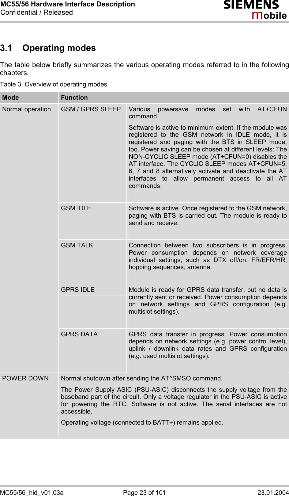 MC55/56 Hardware Interface Description Confidential / Released s mo b i l e MC55/56_hid_v01.03a  Page 23 of 101  23.01.2004 3.1 Operating modes The table below briefly summarizes the various operating modes referred to in the following chapters.  Table 3: Overview of operating modes Mode  Function GSM / GPRS SLEEP  Various powersave modes set with AT+CFUN command.  Software is active to minimum extent. If the module was registered to the GSM network in IDLE mode, it is registered and paging with the BTS in SLEEP mode, too. Power saving can be chosen at different levels: The NON-CYCLIC SLEEP mode (AT+CFUN=0) disables the AT interface. The CYCLIC SLEEP modes AT+CFUN=5, 6, 7 and 8 alternatively activate and deactivate the AT interfaces to allow permanent access to all AT commands.  GSM IDLE  Software is active. Once registered to the GSM network, paging with BTS is carried out. The module is ready to send and receive.  GSM TALK  Connection between two subscribers is in progress. Power consumption depends on network coverage individual settings, such as DTX off/on, FR/EFR/HR, hopping sequences, antenna.  GPRS IDLE  Module is ready for GPRS data transfer, but no data is currently sent or received. Power consumption depends on network settings and GPRS configuration (e.g. multislot settings).  Normal operation GPRS DATA  GPRS data transfer in progress. Power consumption depends on network settings (e.g. power control level), uplink / downlink data rates and GPRS configuration (e.g. used multislot settings).  POWER DOWN  Normal shutdown after sending the AT^SMSO command.  The Power Supply ASIC (PSU-ASIC) disconnects the supply voltage from the baseband part of the circuit. Only a voltage regulator in the PSU-ASIC is active for powering the RTC. Software is not active. The serial interfaces are not accessible.  Operating voltage (connected to BATT+) remains applied.  