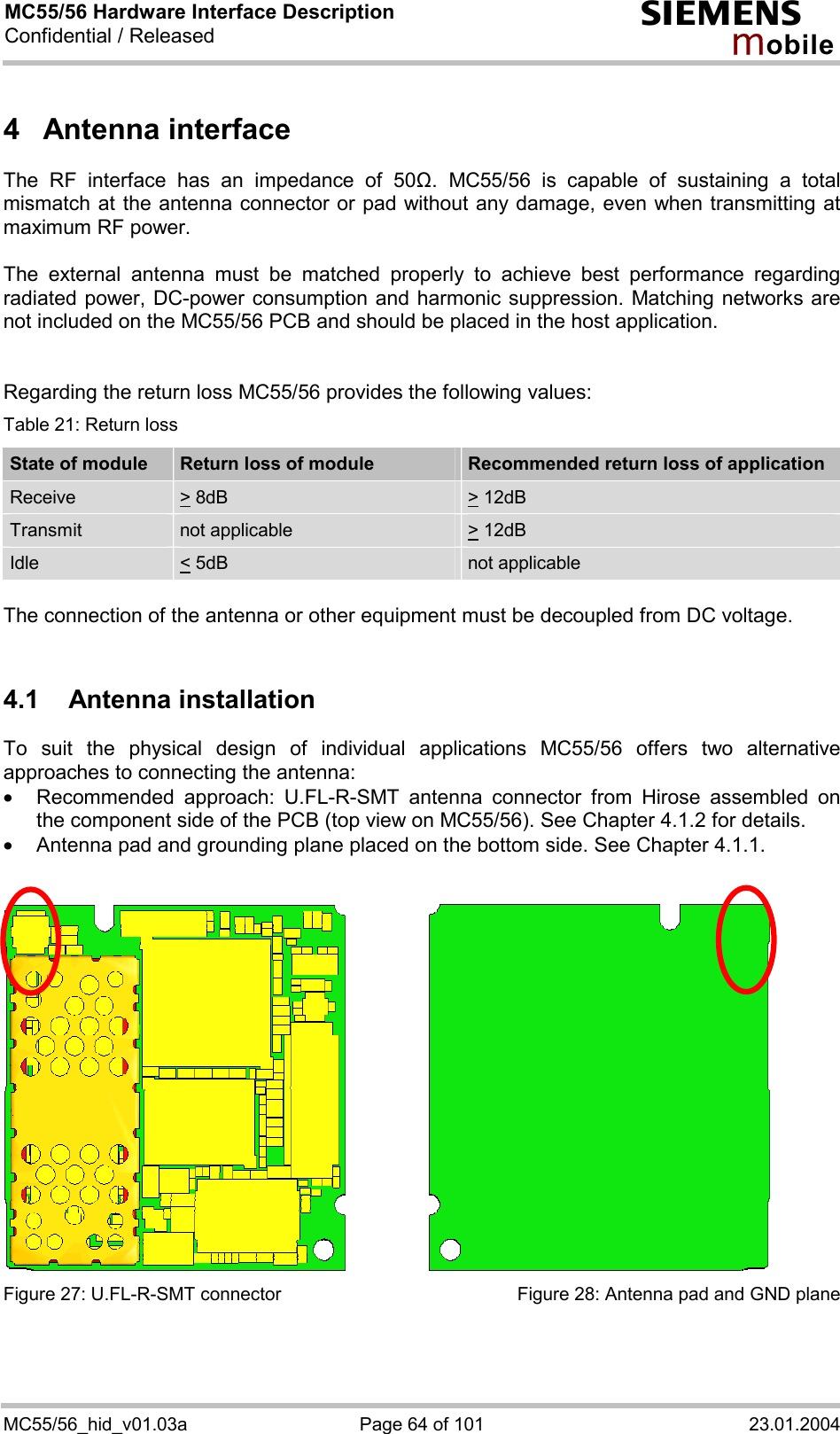 MC55/56 Hardware Interface Description Confidential / Released s mo b i l e MC55/56_hid_v01.03a  Page 64 of 101  23.01.2004 4 Antenna interface The RF interface has an impedance of 50&quot;. MC55/56 is capable of sustaining a total mismatch at the antenna connector or pad without any damage, even when transmitting at maximum RF power.   The external antenna must be matched properly to achieve best performance regarding radiated power, DC-power consumption and harmonic suppression. Matching networks are not included on the MC55/56 PCB and should be placed in the host application.    Regarding the return loss MC55/56 provides the following values: Table 21: Return loss State of module  Return loss of module  Recommended return loss of application Receive  &gt; 8dB  &gt; 12dB  Transmit   not applicable   &gt; 12dB  Idle  &lt; 5dB   not applicable  The connection of the antenna or other equipment must be decoupled from DC voltage.  4.1 Antenna installation To suit the physical design of individual applications MC55/56 offers two alternative approaches to connecting the antenna:  ·  Recommended approach: U.FL-R-SMT antenna connector from Hirose assembled on the component side of the PCB (top view on MC55/56). See Chapter 4.1.2 for details. ·  Antenna pad and grounding plane placed on the bottom side. See Chapter 4.1.1.      Figure 27: U.FL-R-SMT connector  Figure 28: Antenna pad and GND plane  