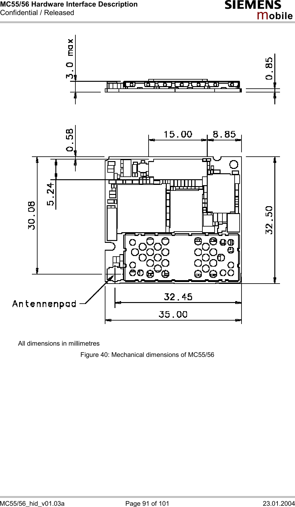 MC55/56 Hardware Interface Description Confidential / Released s mo b i l e MC55/56_hid_v01.03a  Page 91 of 101  23.01.2004       All dimensions in millimetres Figure 40: Mechanical dimensions of MC55/56  