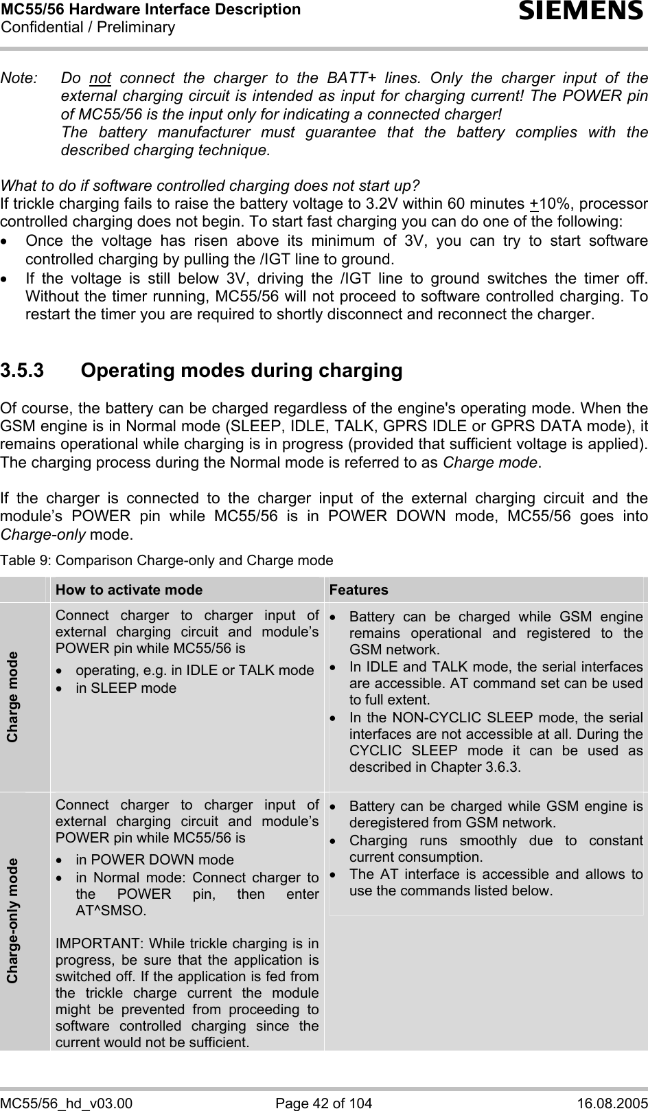 MC55/56 Hardware Interface Description Confidential / Preliminary s MC55/56_hd_v03.00  Page 42 of 104  16.08.2005 Note: Do not connect the charger to the BATT+ lines. Only the charger input of the external charging circuit is intended as input for charging current! The POWER pin of MC55/56 is the input only for indicating a connected charger!   The battery manufacturer must guarantee that the battery complies with the described charging technique.   What to do if software controlled charging does not start up? If trickle charging fails to raise the battery voltage to 3.2V within 60 minutes +10%, processor controlled charging does not begin. To start fast charging you can do one of the following:  •  Once the voltage has risen above its minimum of 3V, you can try to start software controlled charging by pulling the /IGT line to ground.  •  If the voltage is still below 3V, driving the /IGT line to ground switches the timer off. Without the timer running, MC55/56 will not proceed to software controlled charging. To restart the timer you are required to shortly disconnect and reconnect the charger.  3.5.3  Operating modes during charging Of course, the battery can be charged regardless of the engine&apos;s operating mode. When the GSM engine is in Normal mode (SLEEP, IDLE, TALK, GPRS IDLE or GPRS DATA mode), it remains operational while charging is in progress (provided that sufficient voltage is applied). The charging process during the Normal mode is referred to as Charge mode.   If the charger is connected to the charger input of the external charging circuit and the module’s POWER pin while MC55/56 is in POWER DOWN mode, MC55/56 goes into Charge-only mode.  Table 9: Comparison Charge-only and Charge mode  How to activate mode  Features Charge mode Connect charger to charger input of external charging circuit and module’s POWER pin while MC55/56 is •  operating, e.g. in IDLE or TALK mode •  in SLEEP mode •  Battery can be charged while GSM engine remains operational and registered to the GSM network. •  In IDLE and TALK mode, the serial interfaces are accessible. AT command set can be used to full extent. •  In the NON-CYCLIC SLEEP mode, the serial interfaces are not accessible at all. During the CYCLIC SLEEP mode it can be used as described in Chapter 3.6.3.  Charge-only mode Connect charger to charger input of external charging circuit and module’s POWER pin while MC55/56 is •  in POWER DOWN mode •  in Normal mode: Connect charger to the POWER pin, then enter AT^SMSO.  IMPORTANT: While trickle charging is in progress, be sure that the application is switched off. If the application is fed from the trickle charge current the module might be prevented from proceeding to software controlled charging since the current would not be sufficient.  •  Battery can be charged while GSM engine is deregistered from GSM network. • Charging runs smoothly due to constant current consumption. •  The AT interface is accessible and allows to use the commands listed below.    