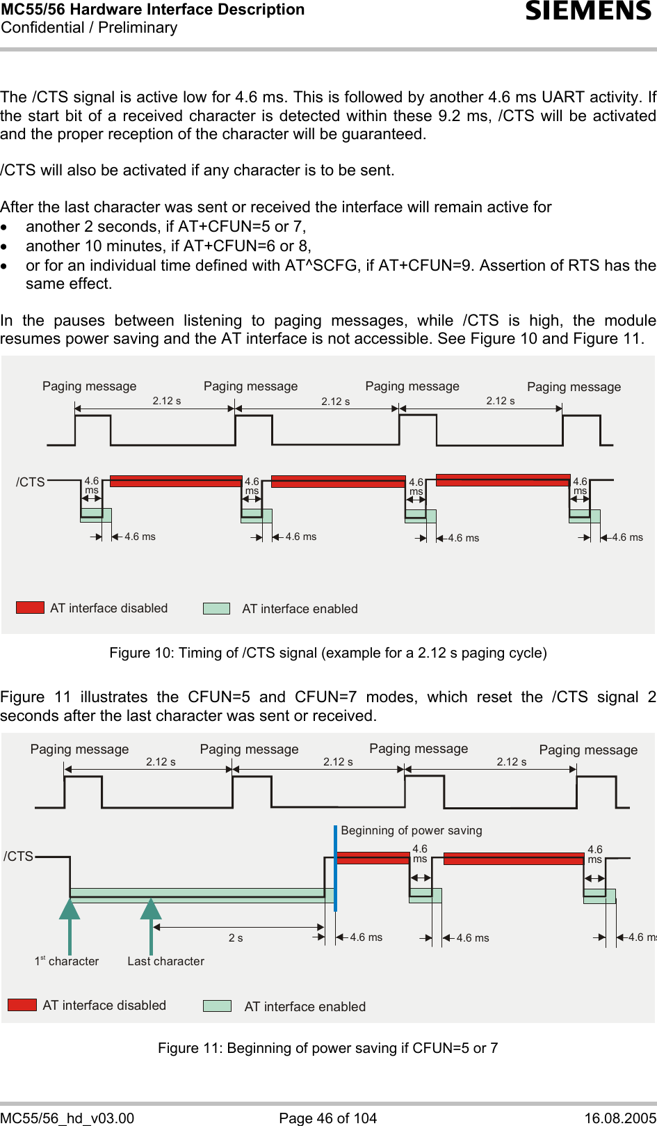 MC55/56 Hardware Interface Description Confidential / Preliminary s MC55/56_hd_v03.00  Page 46 of 104  16.08.2005  The /CTS signal is active low for 4.6 ms. This is followed by another 4.6 ms UART activity. If the start bit of a received character is detected within these 9.2 ms, /CTS will be activated and the proper reception of the character will be guaranteed.   /CTS will also be activated if any character is to be sent.  After the last character was sent or received the interface will remain active for  •  another 2 seconds, if AT+CFUN=5 or 7, •  another 10 minutes, if AT+CFUN=6 or 8, •  or for an individual time defined with AT^SCFG, if AT+CFUN=9. Assertion of RTS has the same effect.   In the pauses between listening to paging messages, while /CTS is high, the module resumes power saving and the AT interface is not accessible. See Figure 10 and Figure 11.  2.12 s4.6 ms 4.6 ms 4.6 ms 4.6 ms2.12 s 2.12 s/CTSAT interface disabled AT interface enabledPaging message Paging message Paging message Paging message4.6ms 4.6ms 4.6ms 4.6ms Figure 10: Timing of /CTS signal (example for a 2.12 s paging cycle)  Figure 11 illustrates the CFUN=5 and CFUN=7 modes, which reset the /CTS signal 2 seconds after the last character was sent or received.   2.12 s4.6 ms2 s 4.6 ms 4.6 ms2.12 s 2.12 s/CTSAT interface disabled AT interface enabled1 characterstLast characterBeginning of power savingPaging message Paging message Paging message Paging message4.6ms 4.6ms  Figure 11: Beginning of power saving if CFUN=5 or 7 