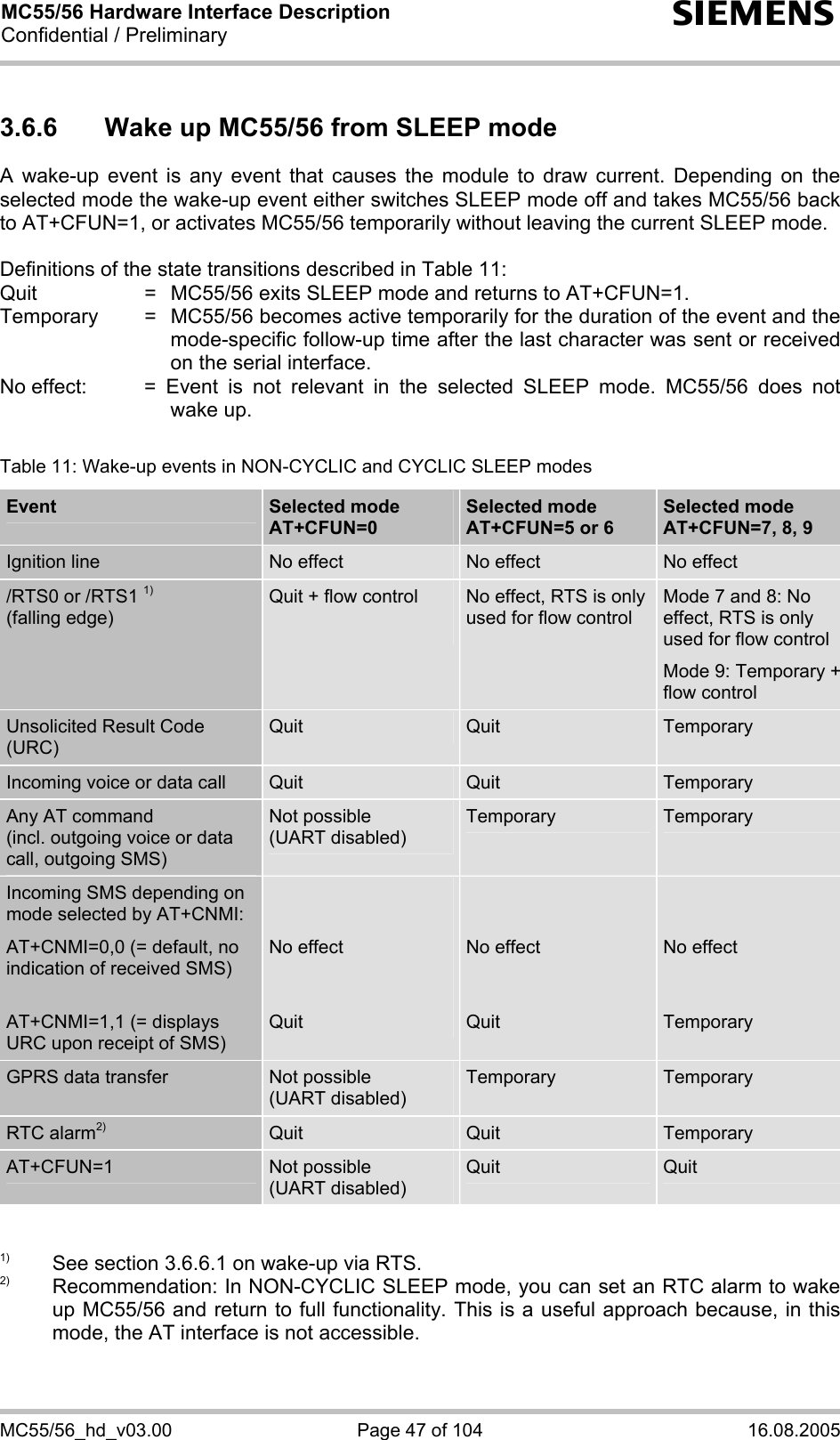 MC55/56 Hardware Interface Description Confidential / Preliminary s MC55/56_hd_v03.00  Page 47 of 104  16.08.2005 3.6.6  Wake up MC55/56 from SLEEP mode A wake-up event is any event that causes the module to draw current. Depending on the selected mode the wake-up event either switches SLEEP mode off and takes MC55/56 back to AT+CFUN=1, or activates MC55/56 temporarily without leaving the current SLEEP mode.  Definitions of the state transitions described in Table 11: Quit  =  MC55/56 exits SLEEP mode and returns to AT+CFUN=1. Temporary  =  MC55/56 becomes active temporarily for the duration of the event and the mode-specific follow-up time after the last character was sent or received on the serial interface. No effect:  = Event is not relevant in the selected SLEEP mode. MC55/56 does not wake up.  Table 11: Wake-up events in NON-CYCLIC and CYCLIC SLEEP modes Event  Selected mode AT+CFUN=0  Selected mode AT+CFUN=5 or 6  Selected mode AT+CFUN=7, 8, 9 Ignition line  No effect  No effect  No effect /RTS0 or /RTS1 1) (falling edge) Quit + flow control  No effect, RTS is only used for flow control Mode 7 and 8: No effect, RTS is only used for flow control Mode 9: Temporary + flow control Unsolicited Result Code (URC) Quit  Quit  Temporary Incoming voice or data call  Quit  Quit  Temporary Any AT command  (incl. outgoing voice or data call, outgoing SMS) Not possible  (UART disabled) Temporary  Temporary Incoming SMS depending on mode selected by AT+CNMI: AT+CNMI=0,0 (= default, no indication of received SMS)  AT+CNMI=1,1 (= displays URC upon receipt of SMS)   No effect   Quit   No effect   Quit   No effect   Temporary GPRS data transfer  Not possible  (UART disabled) Temporary  Temporary RTC alarm2) Quit  Quit  Temporary AT+CFUN=1  Not possible (UART disabled) Quit  Quit   1)  See section 3.6.6.1 on wake-up via RTS. 2)  Recommendation: In NON-CYCLIC SLEEP mode, you can set an RTC alarm to wake up MC55/56 and return to full functionality. This is a useful approach because, in this mode, the AT interface is not accessible.   