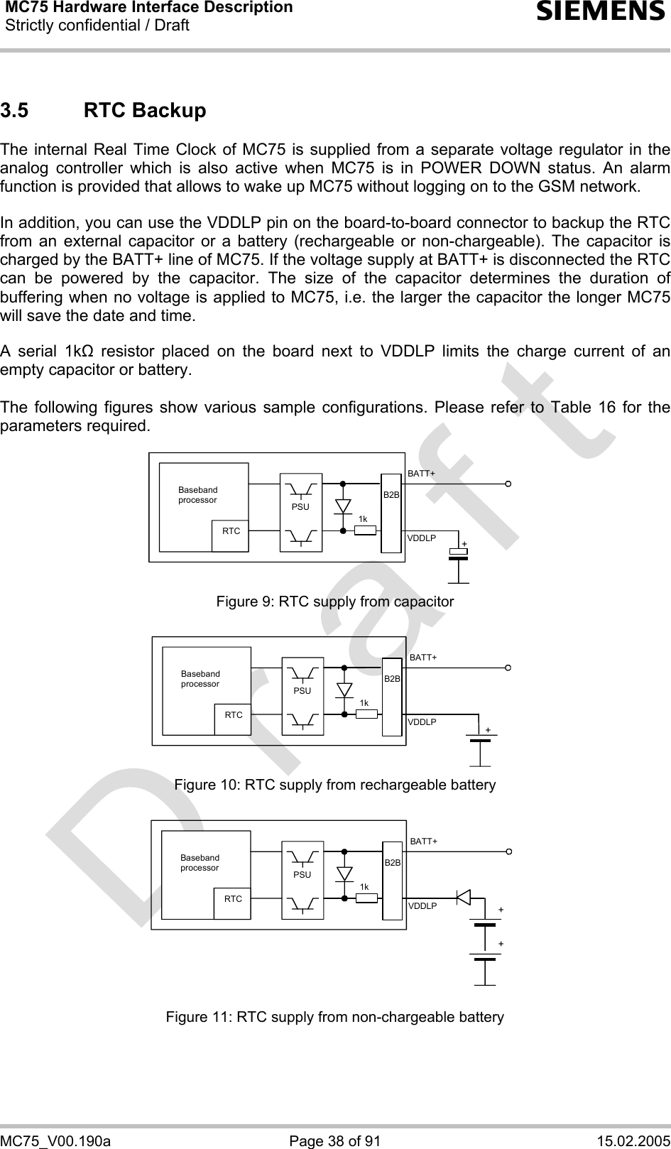 MC75 Hardware Interface Description Strictly confidential / Draft  s MC75_V00.190a  Page 38 of 91  15.02.2005 3.5 RTC Backup The internal Real Time Clock of MC75 is supplied from a separate voltage regulator in the analog controller which is also active when MC75 is in POWER DOWN status. An alarm function is provided that allows to wake up MC75 without logging on to the GSM network.   In addition, you can use the VDDLP pin on the board-to-board connector to backup the RTC from an external capacitor or a battery (rechargeable or non-chargeable). The capacitor is charged by the BATT+ line of MC75. If the voltage supply at BATT+ is disconnected the RTC can be powered by the capacitor. The size of the capacitor determines the duration of buffering when no voltage is applied to MC75, i.e. the larger the capacitor the longer MC75 will save the date and time.   A serial 1k resistor placed on the board next to VDDLP limits the charge current of an empty capacitor or battery.   The following figures show various sample configurations. Please refer to Table 16 for the parameters required.    Baseband processor RTC PSU+BATT+ 1kB2BVDDLP Figure 9: RTC supply from capacitor   RTC +BATT+ 1kB2BVDDLPBaseband processor PSU Figure 10: RTC supply from rechargeable battery   RTC ++BATT+ 1kVDDLPB2BBaseband processor PSU Figure 11: RTC supply from non-chargeable battery 