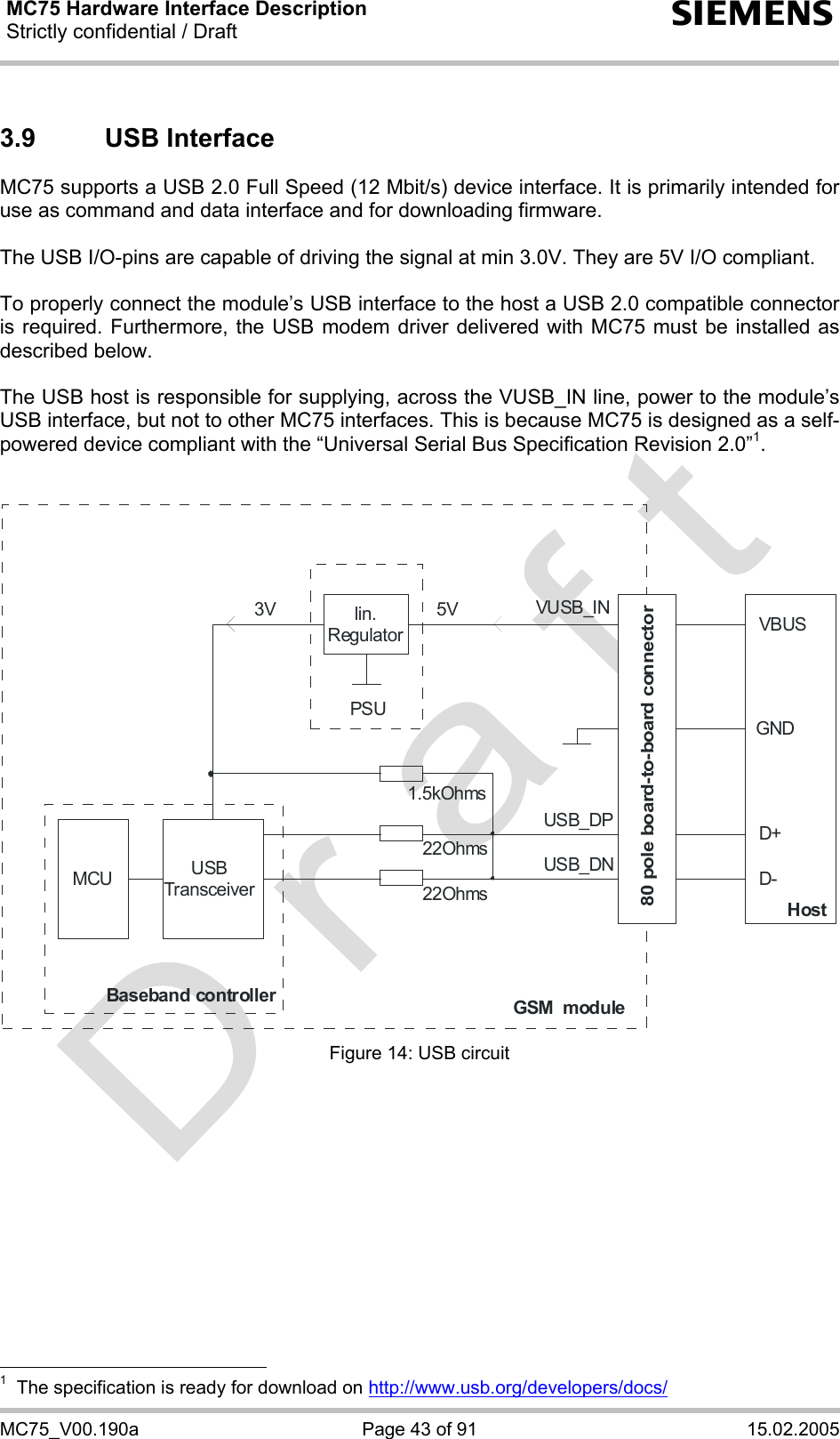 MC75 Hardware Interface Description Strictly confidential / Draft  s MC75_V00.190a  Page 43 of 91  15.02.2005 3.9 USB Interface MC75 supports a USB 2.0 Full Speed (12 Mbit/s) device interface. It is primarily intended for use as command and data interface and for downloading firmware.  The USB I/O-pins are capable of driving the signal at min 3.0V. They are 5V I/O compliant.  To properly connect the module’s USB interface to the host a USB 2.0 compatible connector is required. Furthermore, the USB modem driver delivered with MC75 must be installed as described below.  The USB host is responsible for supplying, across the VUSB_IN line, power to the module’s USB interface, but not to other MC75 interfaces. This is because MC75 is designed as a self-powered device compliant with the “Universal Serial Bus Specification Revision 2.0”1.   MCUUSBTransceiverlin.RegulatorPSUBaseband controllerGSM  moduleHost22Ohms22Ohms1.5kOhmsUSB_DPUSB_DNVUSB_IN5V3VD+D-VBUSGND80 pole board-to-board connector Figure 14: USB circuit                                                    1  The specification is ready for download on http://www.usb.org/developers/docs/ 