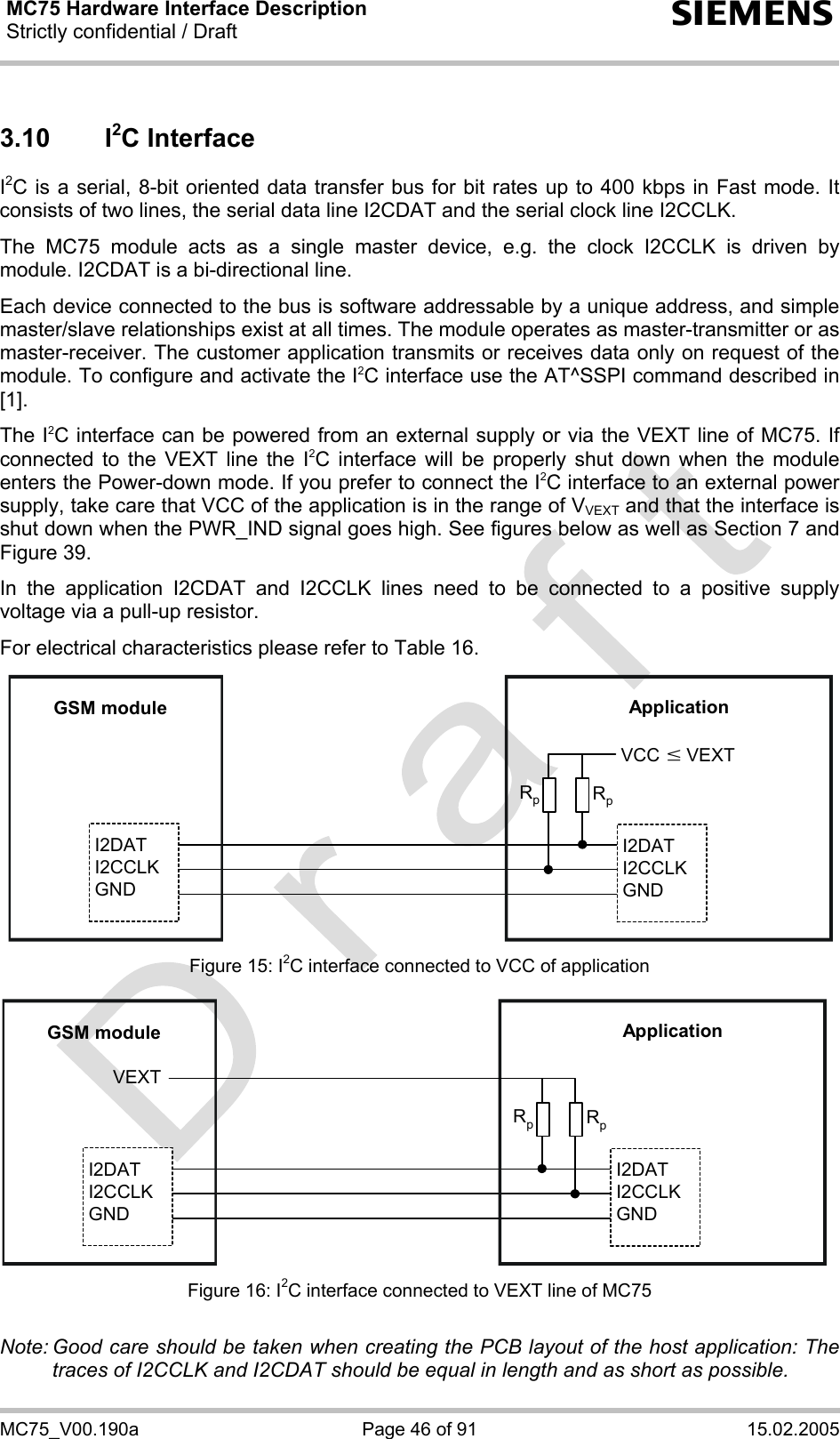 MC75 Hardware Interface Description Strictly confidential / Draft  s MC75_V00.190a  Page 46 of 91  15.02.2005 3.10 I2C Interface I2C is a serial, 8-bit oriented data transfer bus for bit rates up to 400 kbps in Fast mode. It consists of two lines, the serial data line I2CDAT and the serial clock line I2CCLK.   The MC75 module acts as a single master device, e.g. the clock I2CCLK is driven by module. I2CDAT is a bi-directional line.  Each device connected to the bus is software addressable by a unique address, and simple master/slave relationships exist at all times. The module operates as master-transmitter or as master-receiver. The customer application transmits or receives data only on request of the module. To configure and activate the I2C interface use the AT^SSPI command described in [1].  The I2C interface can be powered from an external supply or via the VEXT line of MC75. If connected to the VEXT line the I2C interface will be properly shut down when the module enters the Power-down mode. If you prefer to connect the I2C interface to an external power supply, take care that VCC of the application is in the range of VVEXT and that the interface is shut down when the PWR_IND signal goes high. See figures below as well as Section 7 and Figure 39.  In the application I2CDAT and I2CCLK lines need to be connected to a positive supply voltage via a pull-up resistor.   For electrical characteristics please refer to Table 16.  GSM moduleI2DATI2CCLKGNDI2DATI2CCLKGNDApplicationVCCRpRpwVEXT Figure 15: I2C interface connected to VCC of application  GSM moduleI2DATI2CCLKGNDI2DATI2CCLKGNDApplicationVEXTRpRp Figure 16: I2C interface connected to VEXT line of MC75  Note: Good care should be taken when creating the PCB layout of the host application: The traces of I2CCLK and I2CDAT should be equal in length and as short as possible.  
