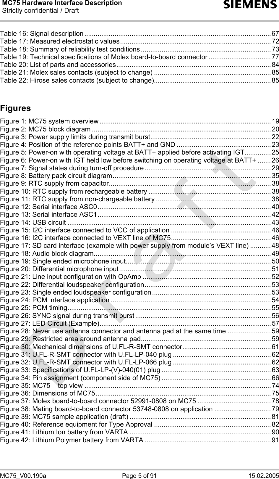MC75 Hardware Interface Description Strictly confidential / Draft  s MC75_V00.190a  Page 5 of 91  15.02.2005 Table 16: Signal description...................................................................................................67 Table 17: Measured electrostatic values................................................................................72 Table 18: Summary of reliability test conditions ..................................................................... 73 Table 19: Technical specifications of Molex board-to-board connector .................................77 Table 20: List of parts and accessories..................................................................................84 Table 21: Molex sales contacts (subject to change) ..............................................................85 Table 22: Hirose sales contacts (subject to change)..............................................................85  Figures  Figure 1: MC75 system overview ...........................................................................................19 Figure 2: MC75 block diagram ............................................................................................... 20 Figure 3: Power supply limits during transmit burst................................................................ 22 Figure 4: Position of the reference points BATT+ and GND .................................................. 23 Figure 5: Power-on with operating voltage at BATT+ applied before activating IGT.............. 25 Figure 6: Power-on with IGT held low before switching on operating voltage at BATT+ .......26 Figure 7: Signal states during turn-off procedure ...................................................................29 Figure 8: Battery pack circuit diagram....................................................................................35 Figure 9: RTC supply from capacitor...................................................................................... 38 Figure 10: RTC supply from rechargeable battery .................................................................38 Figure 11: RTC supply from non-chargeable battery .............................................................38 Figure 12: Serial interface ASC0............................................................................................ 40 Figure 13: Serial interface ASC1............................................................................................ 42 Figure 14: USB circuit ............................................................................................................43 Figure 15: I2C interface connected to VCC of application ..................................................... 46 Figure 16: I2C interface connected to VEXT line of MC75..................................................... 46 Figure 17: SD card interface (example with power supply from module’s VEXT line) ........... 48 Figure 18: Audio block diagram.............................................................................................. 49 Figure 19: Single ended microphone input............................................................................. 50 Figure 20: Differential microphone input ................................................................................ 51 Figure 21: Line input configuration with OpAmp .................................................................... 52 Figure 22: Differential loudspeaker configuration...................................................................53 Figure 23: Single ended loudspeaker configuration............................................................... 53 Figure 24: PCM interface application ..................................................................................... 54 Figure 25: PCM timing............................................................................................................ 55 Figure 26: SYNC signal during transmit burst ........................................................................ 56 Figure 27: LED Circuit (Example)...........................................................................................57 Figure 28: Never use antenna connector and antenna pad at the same time ....................... 59 Figure 29: Restricted area around antenna pad..................................................................... 59 Figure 30: Mechanical dimensions of U.FL-R-SMT connector...............................................61 Figure 31: U.FL-R-SMT connector with U.FL-LP-040 plug ....................................................62 Figure 32: U.FL-R-SMT connector with U.FL-LP-066 plug ....................................................62 Figure 33: Specifications of U.FL-LP-(V)-040(01) plug .......................................................... 63 Figure 34: Pin assignment (component side of MC75) .......................................................... 66 Figure 35: MC75 – top view ................................................................................................... 74 Figure 36: Dimensions of MC75............................................................................................. 75 Figure 37: Molex board-to-board connector 52991-0808 on MC75 .......................................78 Figure 38: Mating board-to-board connector 53748-0808 on application .............................. 79 Figure 39: MC75 sample application (draft) ........................................................................... 81 Figure 40: Reference equipment for Type Approval ..............................................................82 Figure 41: Lithium Ion battery from VARTA ...........................................................................90 Figure 42: Lithium Polymer battery from VARTA ................................................................... 91  
