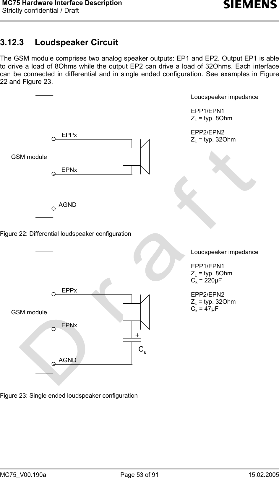 MC75 Hardware Interface Description Strictly confidential / Draft  s MC75_V00.190a  Page 53 of 91  15.02.2005 3.12.3 Loudspeaker Circuit The GSM module comprises two analog speaker outputs: EP1 and EP2. Output EP1 is able to drive a load of 8Ohms while the output EP2 can drive a load of 32Ohms. Each interface can be connected in differential and in single ended configuration. See examples in Figure 22 and Figure 23.  GSM moduleAGNDEPNxEPPx  Figure 22: Differential loudspeaker configuration Loudspeaker impedance  EPP1/EPN1 ZL = typ. 8Ohm  EPP2/EPN2 ZL = typ. 32Ohm  GSM moduleAGNDEPNxEPPx+Ck  Figure 23: Single ended loudspeaker configuration Loudspeaker impedance  EPP1/EPN1 ZL = typ. 8Ohm Ck = 220µF  EPP2/EPN2 ZL = typ. 32Ohm Ck = 47µF     