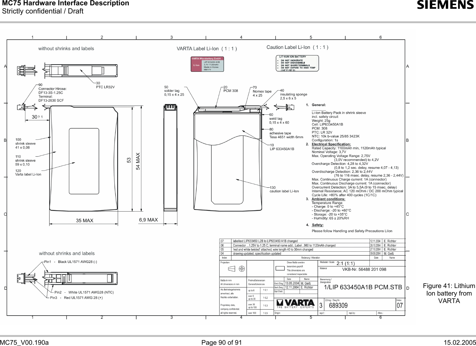 MC75 Hardware Interface Description Strictly confidential / Draft  s   MC75_V00.190a  Page 90 of 91  15.02.2005                               Figure 41: Lithium Ion battery from VARTA  