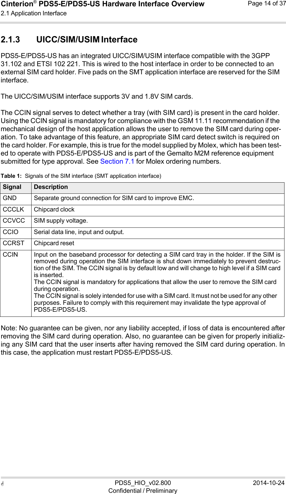  PDS5_HIO_v02.800Confidential / Preliminary2014-10-24Cinterion®  PDS5-E/PDS5-US Hardware Interface Overview2.1 Application Interface Page 14 of 37   2.1.3 UICC/SIM/USIM Interface PDS5-E/PDS5-US has an integrated UICC/SIM/USIM interface compatible with the 3GPP 31.102 and ETSI 102 221. This is wired to the host interface in order to be connected to an external SIM card holder. Five pads on the SMT application interface are reserved for the SIM interface.  The UICC/SIM/USIM interface supports 3V and 1.8V SIM cards.  The CCIN signal serves to detect whether a tray (with SIM card) is present in the card holder. Using the CCIN signal is mandatory for compliance with the GSM 11.11 recommendation if the mechanical design of the host application allows the user to remove the SIM card during oper- ation. To take advantage of this feature, an appropriate SIM card detect switch is required on the card holder. For example, this is true for the model supplied by Molex, which has been test- ed to operate with PDS5-E/PDS5-US and is part of the Gemalto M2M reference equipment submitted for type approval. See Section 7.1 for Molex ordering numbers.  Table 1:  Signals of the SIM interface (SMT application interface)  Signal DescriptionGND Separate ground connection for SIM card to improve EMC.CCCLK Chipcard clock CCVCC SIM supply voltage. CCIO Serial data line, input and output.CCRST Chipcard reset CCIN Input on the baseband processor for detecting a SIM card tray in the holder. If the SIM is removed during operation the SIM interface is shut down immediately to prevent destruc-tion of the SIM. The CCIN signal is by default low and will change to high level if a SIM card is inserted. The CCIN signal is mandatory for applications that allow the user to remove the SIM card during operation. The CCIN signal is solely intended for use with a SIM card. It must not be used for any other purposes. Failure to comply with this requirement may invalidate the type approval of PDS5-E/PDS5-US.  Note: No guarantee can be given, nor any liability accepted, if loss of data is encountered after removing the SIM card during operation. Also, no guarantee can be given for properly initializ- ing any SIM card that the user inserts after having removed the SIM card during operation. In this case, the application must restart PDS5-E/PDS5-US. 