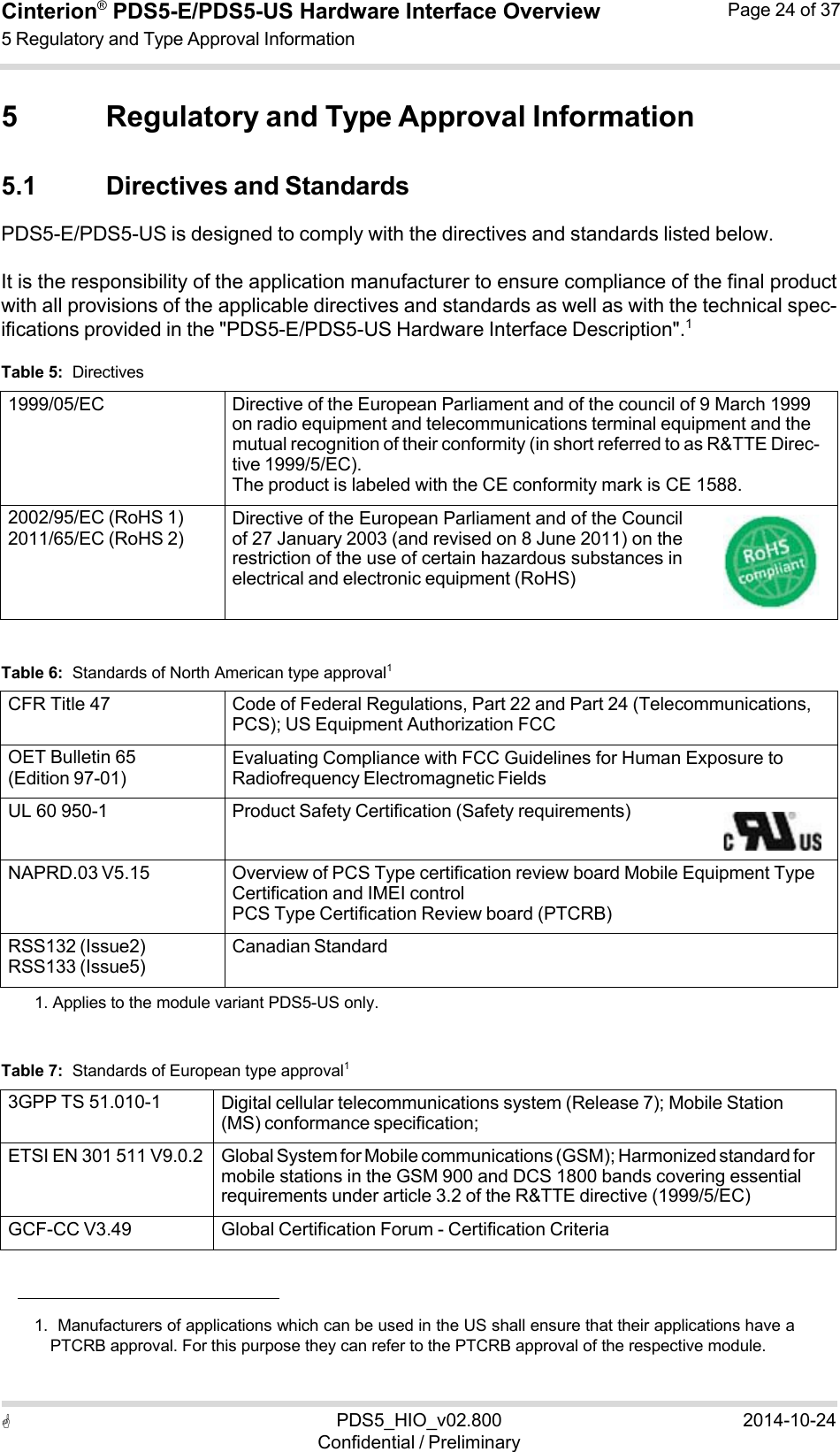 Cinterion®  PDS5-E/PDS5-US Hardware Interface Overview5 Regulatory and Type Approval Information Page 24 of 37 PDS5_HIO_v02.800Confidential / Preliminary2014-10-24   5 Regulatory and Type Approval Information  5.1 Directives and Standards PDS5-E/PDS5-US is designed to comply with the directives and standards listed below.  It is the responsibility of the application manufacturer to ensure compliance of the final product with all provisions of the applicable directives and standards as well as with the technical spec- ifications provided in the &quot;PDS5-E/PDS5-US Hardware Interface Description&quot;.1  Table 5:  Directives  1999/05/EC Directive of the European Parliament and of the council of 9 March 1999 on radio equipment and telecommunications terminal equipment and the mutual recognition of their conformity (in short referred to as R&amp;TTE Direc- tive 1999/5/EC). The product is labeled with the CE conformity mark is CE 1588. 2002/95/EC (RoHS 1) 2011/65/EC (RoHS 2) Directive of the European Parliament and of the Council of 27 January 2003 (and revised on 8 June 2011) on the restriction of the use of certain hazardous substances in electrical and electronic equipment (RoHS)   Table 6:  Standards of North American type approval1  CFR Title 47 Code of Federal Regulations, Part 22 and Part 24 (Telecommunications, PCS); US Equipment Authorization FCC OET Bulletin 65 (Edition 97-01) Evaluating Compliance with FCC Guidelines for Human Exposure to Radiofrequency Electromagnetic Fields UL 60 950-1 Product Safety Certification (Safety requirements)NAPRD.03 V5.15 Overview of PCS Type certification review board Mobile Equipment Type Certification and IMEI control PCS Type Certification Review board (PTCRB) RSS132 (Issue2) RSS133 (Issue5) Canadian Standard1. Applies to the module variant PDS5-US only.   Table 7:  Standards of European type approval1  3GPP TS 51.010-1 Digital cellular telecommunications system (Release 7); Mobile Station (MS) conformance specification; ETSI EN 301 511 V9.0.2 Global System for Mobile communications (GSM); Harmonized standard for mobile stations in the GSM 900 and DCS 1800 bands covering essential requirements under article 3.2 of the R&amp;TTE directive (1999/5/EC) GCF-CC V3.49 Global Certification Forum - Certification Criteria    1.  Manufacturers of applications which can be used in the US shall ensure that their applications have a PTCRB approval. For this purpose they can refer to the PTCRB approval of the respective module. 