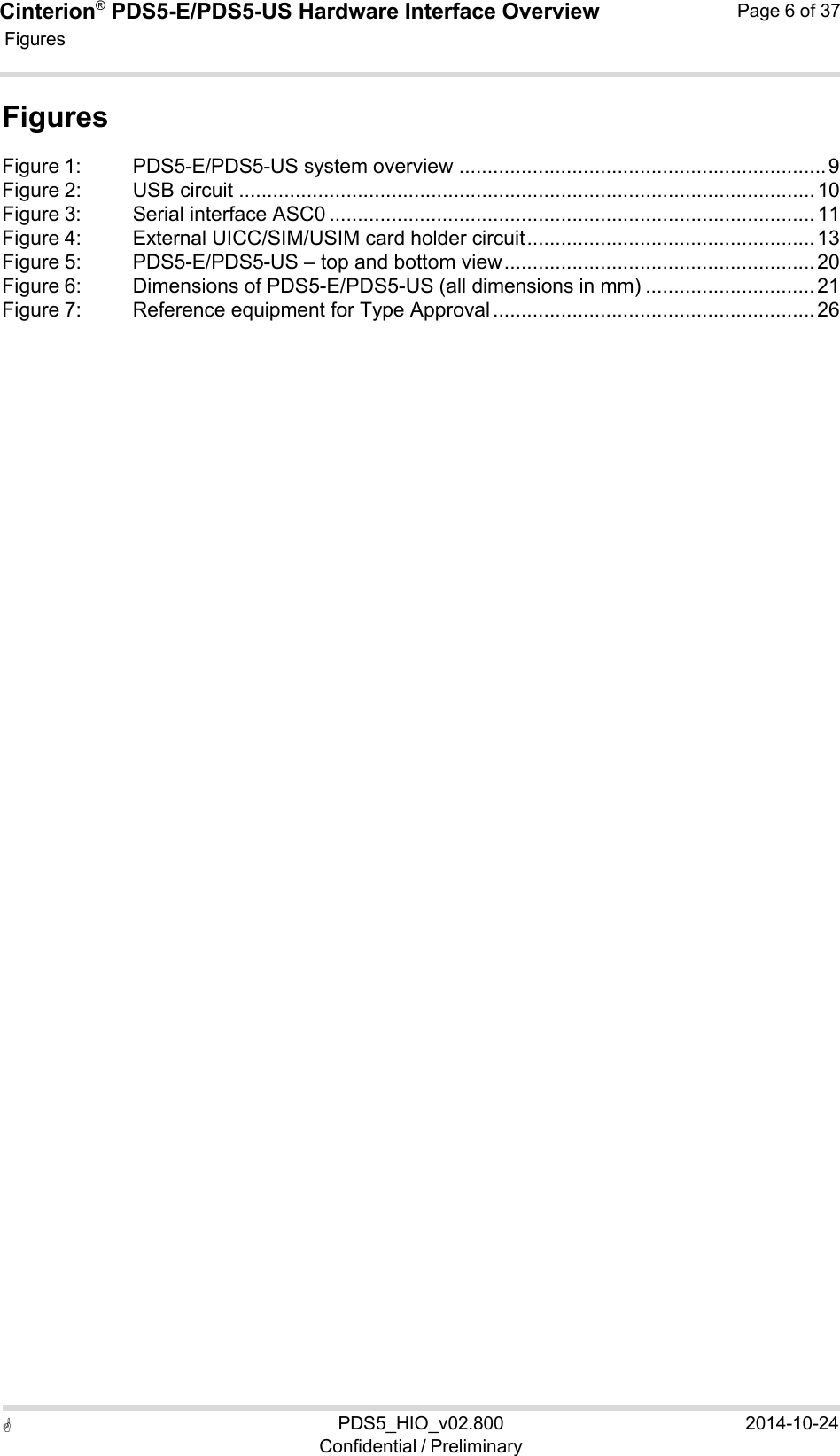  PDS5_HIO_v02.800Confidential / Preliminary2014-10-24Cinterion®  PDS5-E/PDS5-US Hardware Interface OverviewFigures Page 6 of 37   Figures Figure 1:  PDS5-E/PDS5-US system overview ................................................................. 9 Figure 2:  USB circuit ...................................................................................................... 10 Figure 3:  Serial interface ASC0 ...................................................................................... 11 Figure 4:  External UICC/SIM/USIM card holder circuit ................................................... 13 Figure 5:  PDS5-E/PDS5-US – top and bottom view ....................................................... 20 Figure 6:  Dimensions of PDS5-E/PDS5-US (all dimensions in mm) .............................. 21 Figure 7:  Reference equipment for Type Approval ......................................................... 26 