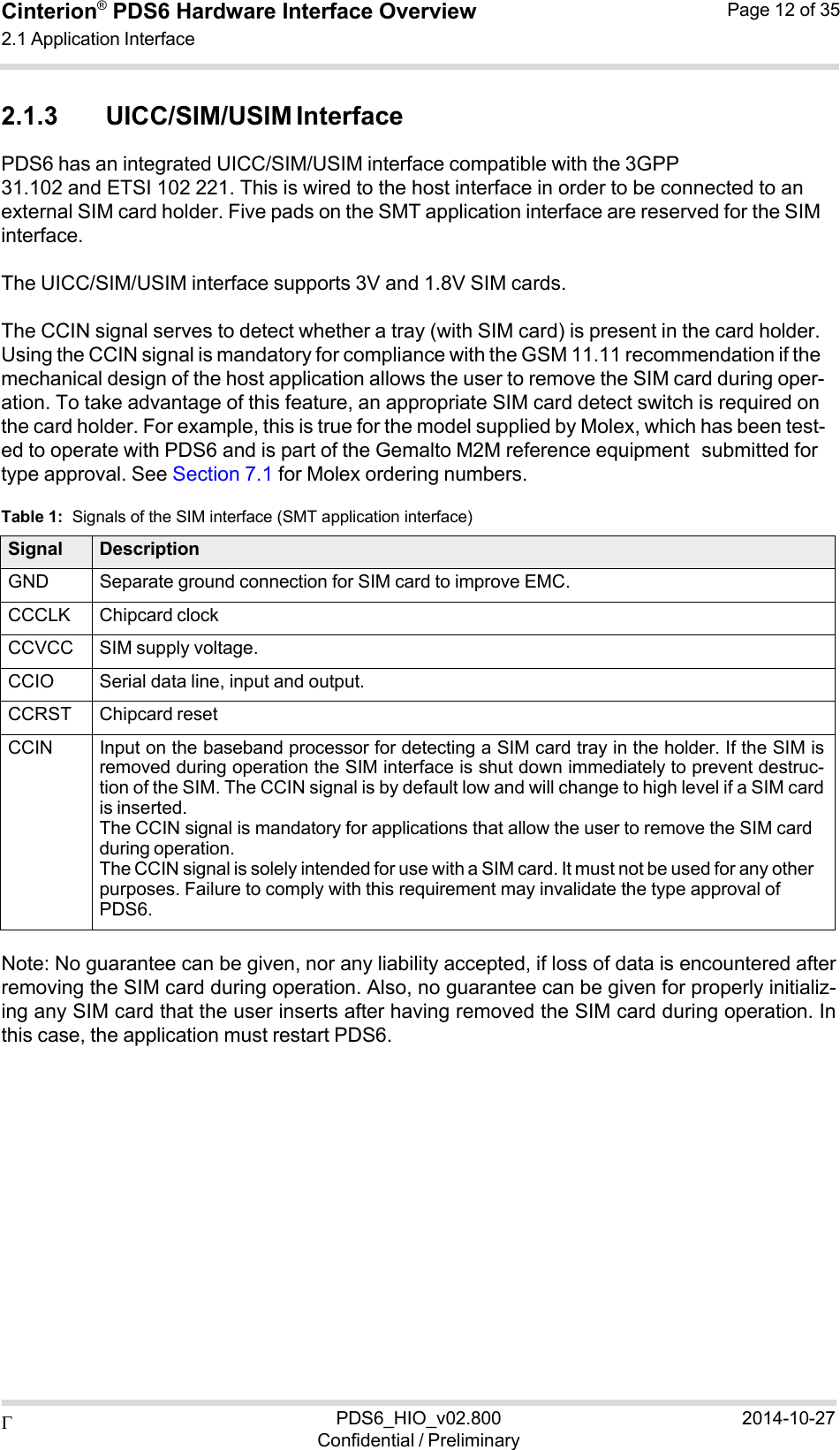  PDS6_HIO_v02.800Confidential / Preliminary2014-10-27Cinterion®  PDS6 Hardware Interface Overview 2.1 Application Interface Page 12 of 35   2.1.3 UICC/SIM/USIM Interface PDS6 has an integrated UICC/SIM/USIM interface compatible with the 3GPP 31.102 and ETSI 102 221. This is wired to the host interface in order to be connected to an external SIM card holder. Five pads on the SMT application interface are reserved for the SIM interface.  The UICC/SIM/USIM interface supports 3V and 1.8V SIM cards.  The CCIN signal serves to detect whether a tray (with SIM card) is present in the card holder. Using the CCIN signal is mandatory for compliance with the GSM 11.11 recommendation if the mechanical design of the host application allows the user to remove the SIM card during oper- ation. To take advantage of this feature, an appropriate SIM card detect switch is required on the card holder. For example, this is true for the model supplied by Molex, which has been test- ed to operate with PDS6 and is part of the Gemalto M2M reference equipment submitted for type approval. See Section 7.1 for Molex ordering numbers.  Table 1:  Signals of the SIM interface (SMT application interface)  Signal DescriptionGND Separate ground connection for SIM card to improve EMC.CCCLK Chipcard clock CCVCC SIM supply voltage. CCIO Serial data line, input and output.CCRST Chipcard reset CCIN Input on the baseband processor for detecting a SIM card tray in the holder. If the SIM is removed during operation the SIM interface is shut down immediately to prevent destruc-tion of the SIM. The CCIN signal is by default low and will change to high level if a SIM card is inserted. The CCIN signal is mandatory for applications that allow the user to remove the SIM card during operation. The CCIN signal is solely intended for use with a SIM card. It must not be used for any other purposes. Failure to comply with this requirement may invalidate the type approval of PDS6.  Note: No guarantee can be given, nor any liability accepted, if loss of data is encountered after removing the SIM card during operation. Also, no guarantee can be given for properly initializ- ing any SIM card that the user inserts after having removed the SIM card during operation. In this case, the application must restart PDS6. 