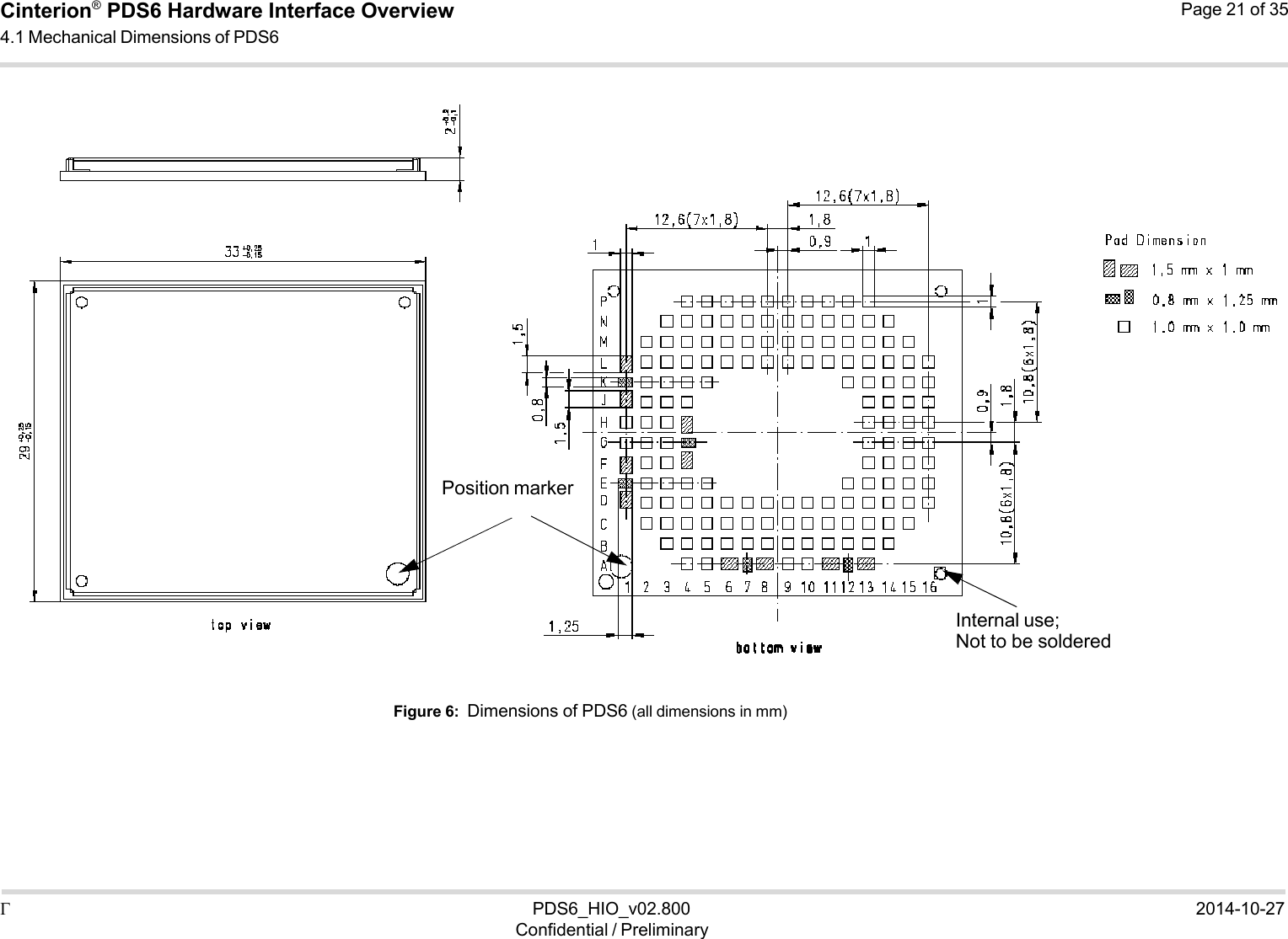   Cinterion®  PDS6 Hardware Interface Overview 4.1 Mechanical Dimensions of PDS6 Page 21 of 35      Figure 6:  Dimensions of PDS6 (all dimensions in mm)           PDS6_HIO_v02.800  2014-10-27 Confidential / Preliminary Position markerInternal use;Not to be soldered