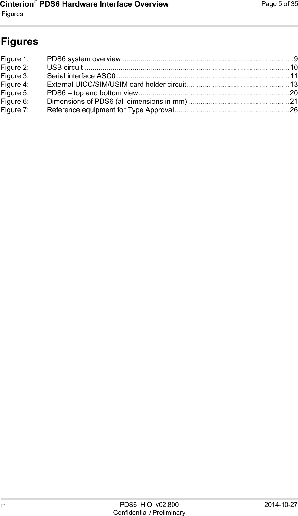  PDS6_HIO_v02.800Confidential / Preliminary2014-10-27Cinterion®  PDS6 Hardware Interface Overview Figures Page 5 of 35   Figures Figure 1:  PDS6 system overview ..................................................................................... 9 Figure 2:  USB circuit ...................................................................................................... 10 Figure 3:  Serial interface ASC0 ...................................................................................... 11 Figure 4:  External UICC/SIM/USIM card holder circuit ................................................... 13 Figure 5:  PDS6 – top and bottom view ........................................................................... 20 Figure 6:  Dimensions of PDS6 (all dimensions in mm) .................................................. 21 Figure 7:  Reference equipment for Type Approval ......................................................... 26 