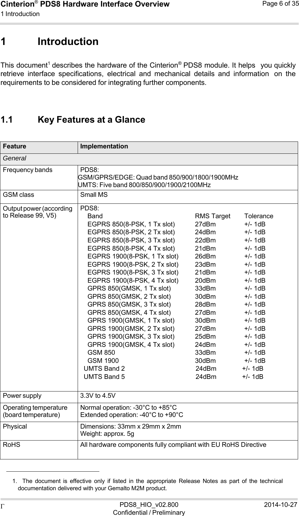  PDS8_HIO_v02.800Confidential / Preliminary2014-10-27Cinterion®  PDS8 Hardware Interface Overview 1 Introduction Page 6 of 35  1 Introduction  This document1  describes the hardware of the Cinterion®  PDS8 module. It helps you quickly retrieve  interface  specifications,  electrical  and  mechanical  details  and  information on  the requirements to be considered for integrating further components.    1.1 Key Features at a Glance   Feature ImplementationGeneral Frequency bands PDS8: GSM/GPRS/EDGE: Quad band 850/900/1800/1900MHz  UMTS: Five band 800/850/900/1900/2100MHz  GSM class Small MS Output power (according to Release 99, V5) PDS8: Band  RMS Target  Tolerance EGPRS 850(8-PSK, 1 Tx slot)  27dBm              +/- 1dB EGPRS 850(8-PSK, 2 Tx slot)  24dBm              +/- 1dB EGPRS 850(8-PSK, 3 Tx slot)  22dBm              +/- 1dB EGPRS 850(8-PSK, 4 Tx slot)  21dBm              +/- 1dB EGPRS 1900(8-PSK, 1 Tx slot)  26dBm              +/- 1dB EGPRS 1900(8-PSK, 2 Tx slot)  23dBm              +/- 1dB EGPRS 1900(8-PSK, 3 Tx slot)  21dBm              +/- 1dB EGPRS 1900(8-PSK, 4 Tx slot)  20dBm              +/- 1dB GPRS 850(GMSK, 1 Tx slot)  33dBm              +/- 1dB GPRS 850(GMSK, 2 Tx slot)  30dBm              +/- 1dB GPRS 850(GMSK, 3 Tx slot)  28dBm              +/- 1dB GPRS 850(GMSK, 4 Tx slot)  27dBm              +/- 1dB GPRS 1900(GMSK, 1 Tx slot)  30dBm              +/- 1dB GPRS 1900(GMSK, 2 Tx slot)  27dBm              +/- 1dB GPRS 1900(GMSK, 3 Tx slot)  25dBm              +/- 1dB GPRS 1900(GMSK, 4 Tx slot)  24dBm              +/- 1dB GSM 850  33dBm              +/- 1dB GSM 1900  30dBm              +/- 1dB UMTS Band 2  24dBm            +/- 1dB UMTS Band 5  24dBm            +/- 1dB  Power supply 3.3V to 4.5VOperating temperature (board temperature) Normal operation: -30°C to +85°C Extended operation: -40°C to +90°C Physical Dimensions: 33mm x 29mm x 2mm Weight: approx. 5g RoHS All hardware components fully compliant with EU RoHS Directive     1.  The  document  is  effective  only  if  listed  in  the  appropriate  Release  Notes  as  part  of  the  technical documentation delivered with your Gemalto M2M product. 