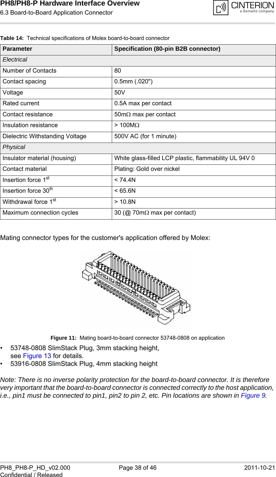 PH8/PH8-P Hardware Interface Overview6.3 Board-to-Board Application Connector40PH8_PH8-P_HD_v02.000 Page 38 of 46 2011-10-21Confidential / ReleasedMating connector types for the customer&apos;s application offered by Molex:Figure 11:  Mating board-to-board connector 53748-0808 on application• 53748-0808 SlimStack Plug, 3mm stacking height, see Figure 13 for details.• 53916-0808 SlimStack Plug, 4mm stacking heightNote: There is no inverse polarity protection for the board-to-board connector. It is therefore very important that the board-to-board connector is connected correctly to the host application, i.e., pin1 must be connected to pin1, pin2 to pin 2, etc. Pin locations are shown in Figure 9.Table 14:  Technical specifications of Molex board-to-board connectorParameter Specification (80-pin B2B connector)ElectricalNumber of Contacts 80Contact spacing 0.5mm (.020&quot;)Voltage 50VRated current 0.5A max per contactContact resistance 50m max per contactInsulation resistance &gt; 100MDielectric Withstanding Voltage 500V AC (for 1 minute)PhysicalInsulator material (housing) White glass-filled LCP plastic, flammability UL 94V 0Contact material Plating: Gold over nickelInsertion force 1st &lt; 74.4NInsertion force 30th &lt; 65.6NWithdrawal force 1st &gt; 10.8NMaximum connection cycles 30 (@ 70m max per contact)