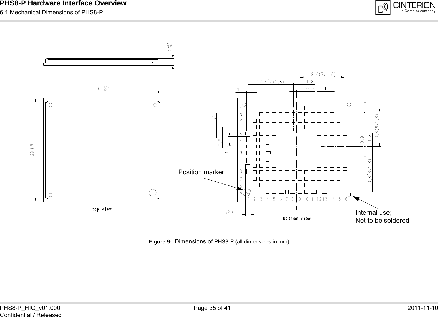 PHS8-P Hardware Interface Overview6.1 Mechanical Dimensions of PHS8-P35PHS8-P_HIO_v01.000 Page 35 of 41 2011-11-10Confidential / ReleasedFigure 9:  Dimensions of PHS8-P (all dimensions in mm)Internal use; Not to be solderedPosition marker