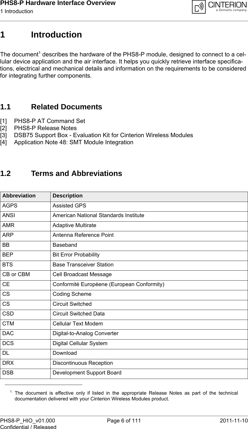 PHS8-P Hardware Interface Overview1 Introduction15PHS8-P_HIO_v01.000 Page 6 of 111 2011-11-10Confidential / Released1 IntroductionThe document1 describes the hardware of the PHS8-P module, designed to connect to a cel-lular device application and the air interface. It helps you quickly retrieve interface specifica-tions, electrical and mechanical details and information on the requirements to be considered for integrating further components.1.1 Related Documents[1] PHS8-P AT Command Set[2] PHS8-P Release Notes[3] DSB75 Support Box - Evaluation Kit for Cinterion Wireless Modules[4] Application Note 48: SMT Module Integration1.2 Terms and Abbreviations1. The document is effective only if listed in the appropriate Release Notes as part of the technicaldocumentation delivered with your Cinterion Wireless Modules product.Abbreviation DescriptionAGPS Assisted GPSANSI American National Standards InstituteAMR Adaptive MultirateARP Antenna Reference PointBB BasebandBEP Bit Error ProbabilityBTS Base Transceiver StationCB or CBM Cell Broadcast MessageCE Conformité Européene (European Conformity)CS Coding SchemeCS Circuit SwitchedCSD Circuit Switched DataCTM Cellular Text ModemDAC Digital-to-Analog ConverterDCS Digital Cellular SystemDL DownloadDRX Discontinuous ReceptionDSB Development Support Board