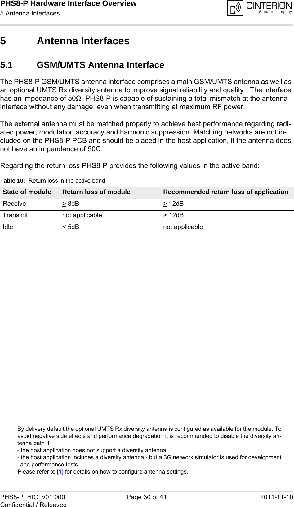 PHS8-P Hardware Interface Overview5 Antenna Interfaces33PHS8-P_HIO_v01.000 Page 30 of 41 2011-11-10Confidential / Released5 Antenna Interfaces5.1 GSM/UMTS Antenna InterfaceThe PHS8-P GSM/UMTS antenna interface comprises a main GSM/UMTS antenna as well as an optional UMTS Rx diversity antenna to improve signal reliability and quality1. The interface has an impedance of 50Ω. PHS8-P is capable of sustaining a total mismatch at the antenna interface without any damage, even when transmitting at maximum RF power.The external antenna must be matched properly to achieve best performance regarding radi-ated power, modulation accuracy and harmonic suppression. Matching networks are not in-cluded on the PHS8-P PCB and should be placed in the host application, if the antenna does not have an impendance of 50Ω.Regarding the return loss PHS8-P provides the following values in the active band:1. By delivery default the optional UMTS Rx diversity antenna is configured as available for the module. Toavoid negative side effects and performance degradation it is recommended to disable the diversity an-tenna path if - the host application does not support a diversity antenna- the host application includes a diversity antenna - but a 3G network simulator is used for developmentand performance tests.Please refer to [1] for details on how to configure antenna settings. Table 10:  Return loss in the active bandState of module Return loss of module Recommended return loss of applicationReceive &gt; 8dB &gt; 12dBTransmit not applicable  &gt; 12dBIdle &lt; 5dB not applicable