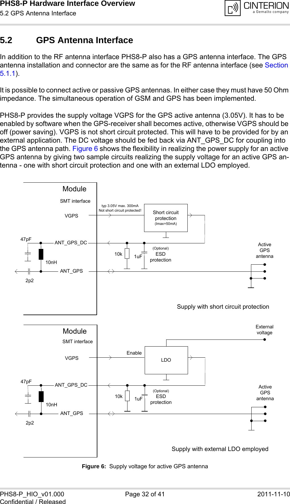 PHS8-P Hardware Interface Overview5.2 GPS Antenna Interface33PHS8-P_HIO_v01.000 Page 32 of 41 2011-11-10Confidential / Released5.2 GPS Antenna InterfaceIn addition to the RF antenna interface PHS8-P also has a GPS antenna interface. The GPS antenna installation and connector are the same as for the RF antenna interface (see Section 5.1.1). It is possible to connect active or passive GPS antennas. In either case they must have 50 Ohm impedance. The simultaneous operation of GSM and GPS has been implemented. PHS8-P provides the supply voltage VGPS for the GPS active antenna (3.05V). It has to be enabled by software when the GPS-receiver shall becomes active, otherwise VGPS should be off (power saving). VGPS is not short circuit protected. This will have to be provided for by an external application. The DC voltage should be fed back via ANT_GPS_DC for coupling into the GPS antenna path. Figure 6 shows the flexibility in realizing the power supply for an active GPS antenna by giving two sample circuits realizing the supply voltage for an active GPS an-tenna - one with short circuit protection and one with an external LDO employed.Figure 6:  Supply voltage for active GPS antennaShort circuit protection(Imax=50mA)VGPSANT_GPSActive GPS antenna10nH47pF2p2ModuleSMT interfaceANT_GPS_DCtyp 3.05V max. 300mANot short circuit protected!1uF(Optional)ESDprotection10kSupply with short circuit protectionLDOVGPSANT_GPSActive GPS antenna10nH47pF2p2ModuleSMT interfaceANT_GPS_DC1uF(Optional)ESDprotection10kEnableExternal voltageSupply with external LDO employed