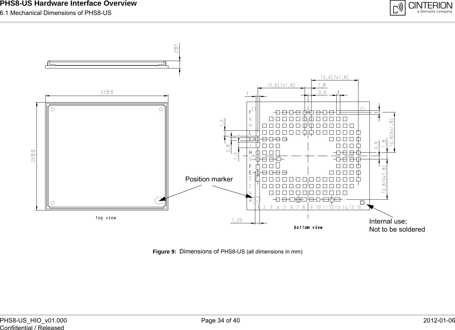 PHS8-US Hardware Interface Overview6.1 Mechanical Dimensions of PHS8-US34PHS8-US_HIO_v01.000 Page 34 of 40 2012-01-06Confidential / ReleasedFigure 9:  Dimensions of PHS8-US (all dimensions in mm)Internal use; Not to be solderedPosition marker