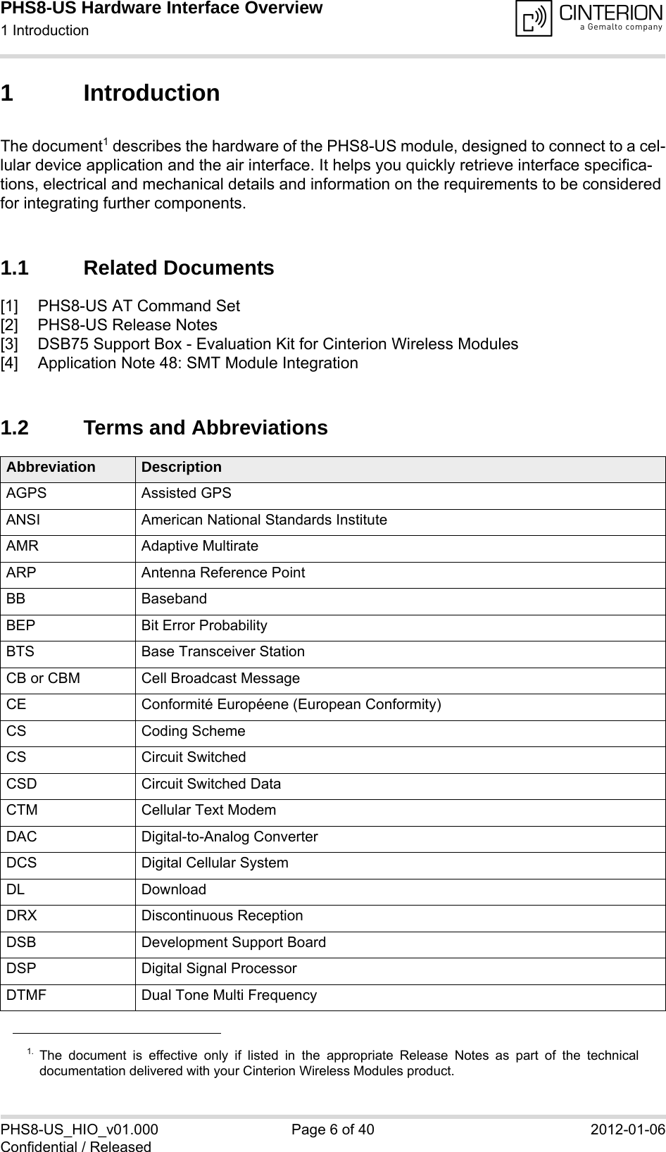 PHS8-US Hardware Interface Overview1 Introduction14PHS8-US_HIO_v01.000 Page 6 of 40 2012-01-06Confidential / Released1 IntroductionThe document1 describes the hardware of the PHS8-US module, designed to connect to a cel-lular device application and the air interface. It helps you quickly retrieve interface specifica-tions, electrical and mechanical details and information on the requirements to be considered for integrating further components.1.1 Related Documents[1] PHS8-US AT Command Set[2] PHS8-US Release Notes[3] DSB75 Support Box - Evaluation Kit for Cinterion Wireless Modules[4] Application Note 48: SMT Module Integration1.2 Terms and Abbreviations1. The document is effective only if listed in the appropriate Release Notes as part of the technicaldocumentation delivered with your Cinterion Wireless Modules product.Abbreviation DescriptionAGPS Assisted GPSANSI American National Standards InstituteAMR Adaptive MultirateARP Antenna Reference PointBB BasebandBEP Bit Error ProbabilityBTS Base Transceiver StationCB or CBM Cell Broadcast MessageCE Conformité Européene (European Conformity)CS Coding SchemeCS Circuit SwitchedCSD Circuit Switched DataCTM Cellular Text ModemDAC Digital-to-Analog ConverterDCS Digital Cellular SystemDL DownloadDRX Discontinuous ReceptionDSB Development Support BoardDSP Digital Signal ProcessorDTMF Dual Tone Multi Frequency