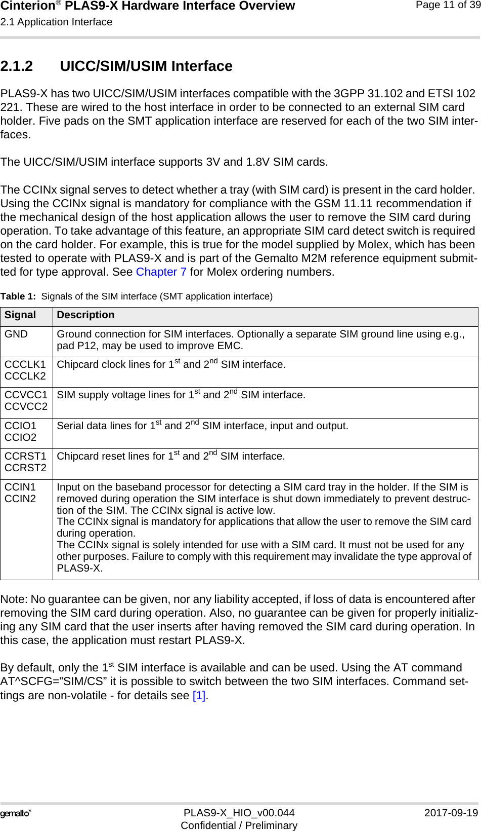 Cinterion® PLAS9-X Hardware Interface Overview2.1 Application Interface22PLAS9-X_HIO_v00.044 2017-09-19Confidential / PreliminaryPage 11 of 392.1.2 UICC/SIM/USIM InterfacePLAS9-X has two UICC/SIM/USIM interfaces compatible with the 3GPP 31.102 and ETSI 102 221. These are wired to the host interface in order to be connected to an external SIM card holder. Five pads on the SMT application interface are reserved for each of the two SIM inter-faces.The UICC/SIM/USIM interface supports 3V and 1.8V SIM cards.The CCINx signal serves to detect whether a tray (with SIM card) is present in the card holder. Using the CCINx signal is mandatory for compliance with the GSM 11.11 recommendation if the mechanical design of the host application allows the user to remove the SIM card during operation. To take advantage of this feature, an appropriate SIM card detect switch is required on the card holder. For example, this is true for the model supplied by Molex, which has been tested to operate with PLAS9-X and is part of the Gemalto M2M reference equipment submit-ted for type approval. See Chapter 7 for Molex ordering numbers.Note: No guarantee can be given, nor any liability accepted, if loss of data is encountered after removing the SIM card during operation. Also, no guarantee can be given for properly initializ-ing any SIM card that the user inserts after having removed the SIM card during operation. In this case, the application must restart PLAS9-X.By default, only the 1st SIM interface is available and can be used. Using the AT command AT^SCFG=”SIM/CS” it is possible to switch between the two SIM interfaces. Command set-tings are non-volatile - for details see [1].Table 1:  Signals of the SIM interface (SMT application interface)Signal DescriptionGND Ground connection for SIM interfaces. Optionally a separate SIM ground line using e.g., pad P12, may be used to improve EMC.CCCLK1CCCLK2 Chipcard clock lines for 1st and 2nd SIM interface.CCVCC1CCVCC2 SIM supply voltage lines for 1st and 2nd SIM interface.CCIO1CCIO2 Serial data lines for 1st and 2nd SIM interface, input and output.CCRST1CCRST2 Chipcard reset lines for 1st and 2nd SIM interface.CCIN1CCIN2 Input on the baseband processor for detecting a SIM card tray in the holder. If the SIM is removed during operation the SIM interface is shut down immediately to prevent destruc-tion of the SIM. The CCINx signal is active low.The CCINx signal is mandatory for applications that allow the user to remove the SIM card during operation. The CCINx signal is solely intended for use with a SIM card. It must not be used for any other purposes. Failure to comply with this requirement may invalidate the type approval of PLAS9-X.