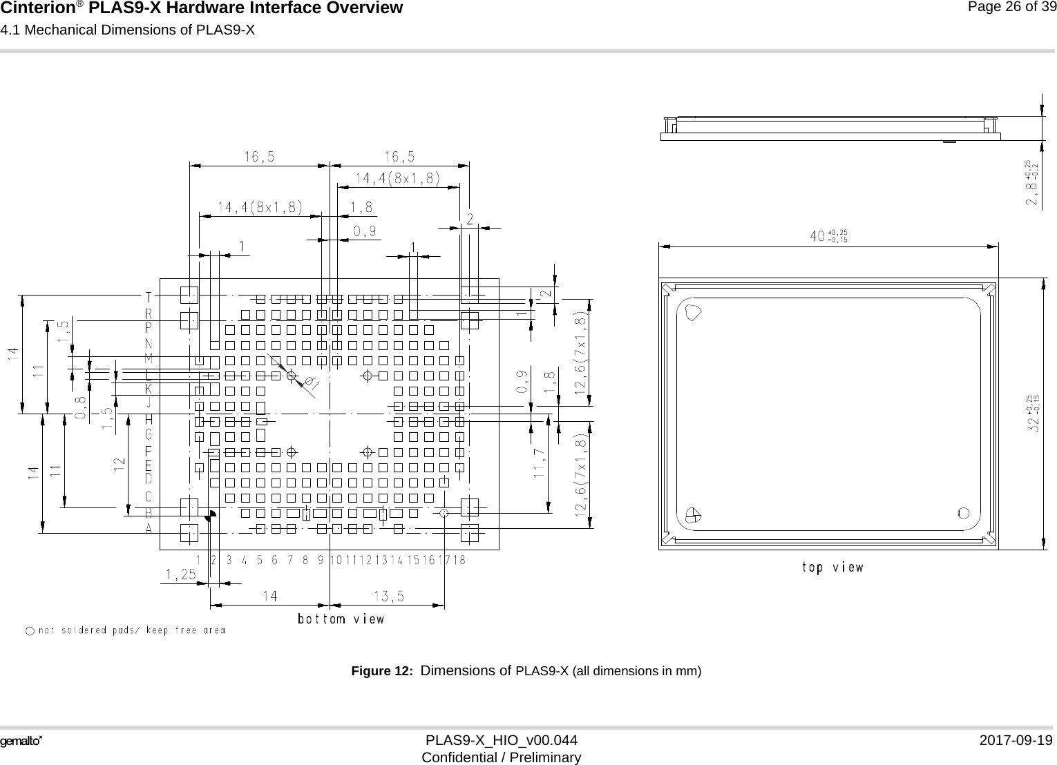 Cinterion® PLAS9-X Hardware Interface Overview4.1 Mechanical Dimensions of PLAS9-X26PLAS9-X_HIO_v00.044 2017-09-19Confidential / PreliminaryPage 26 of 39Figure 12:  Dimensions of PLAS9-X (all dimensions in mm)